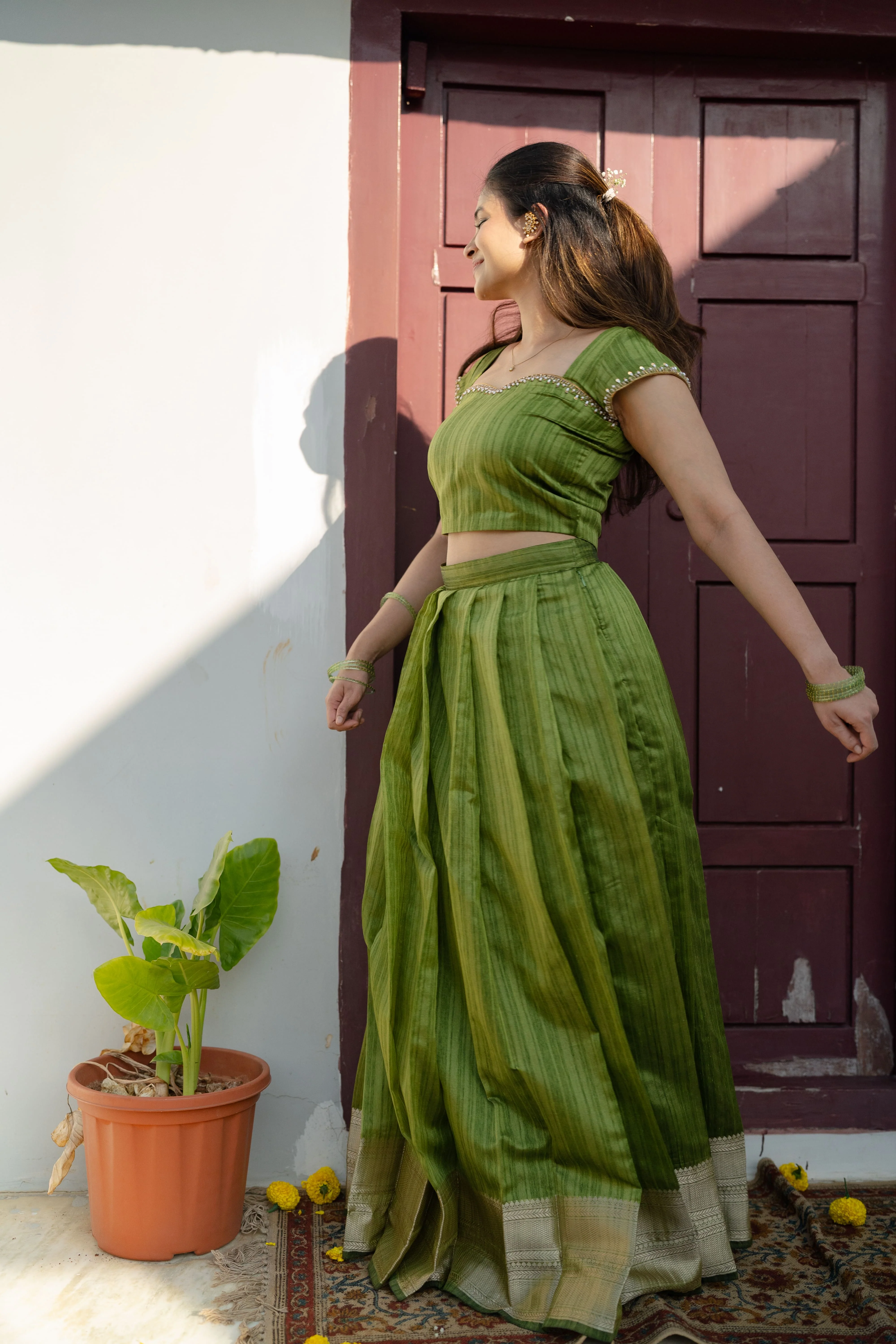 Anvidha Women Tussar Silk Top & Skirt Set with Subtle Zari Border | Designer Outfits - Image 2