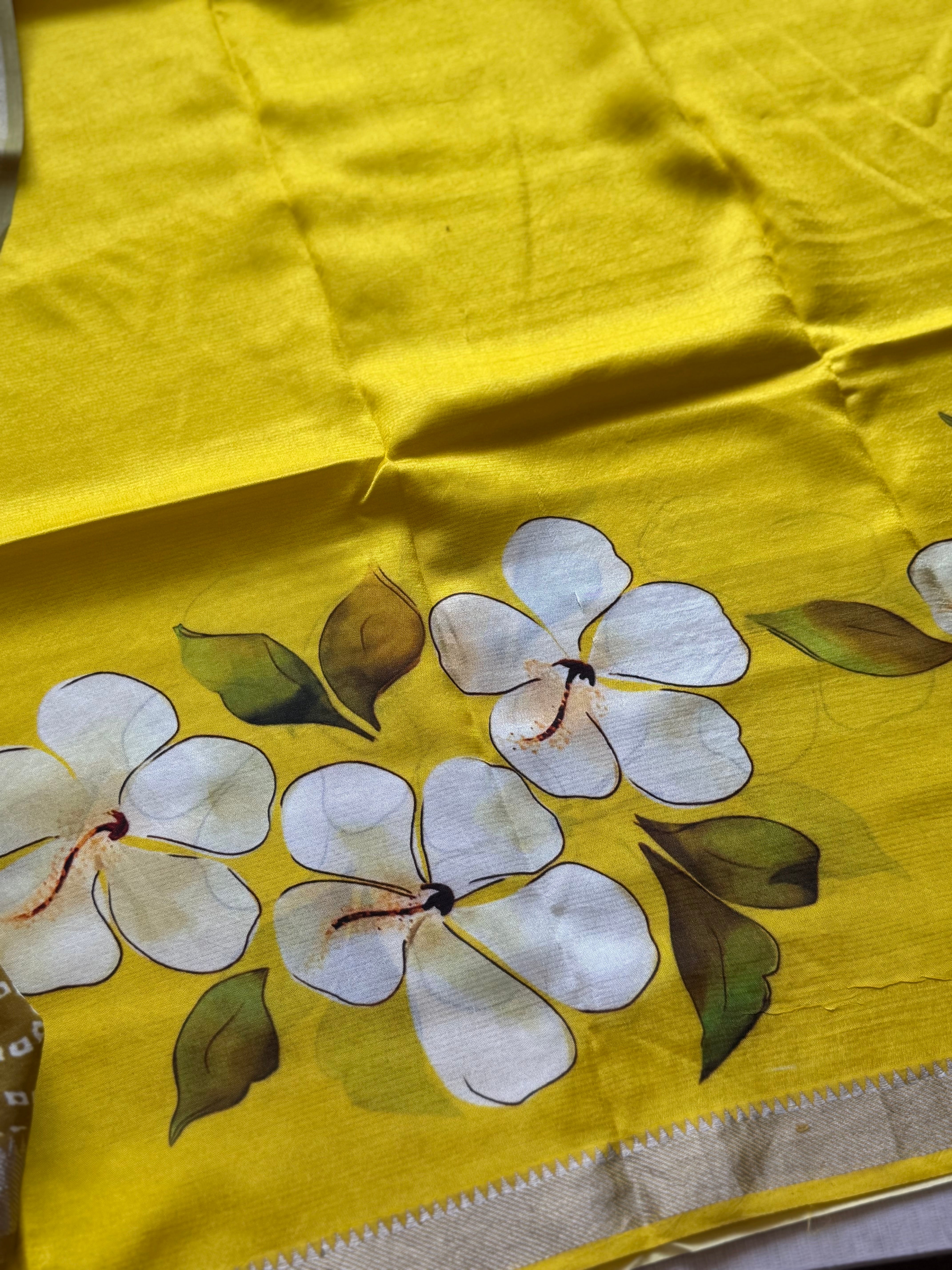 Mangalgiri Digital Printed Saree with Floral Print & Silver Zari Border - Image 5
