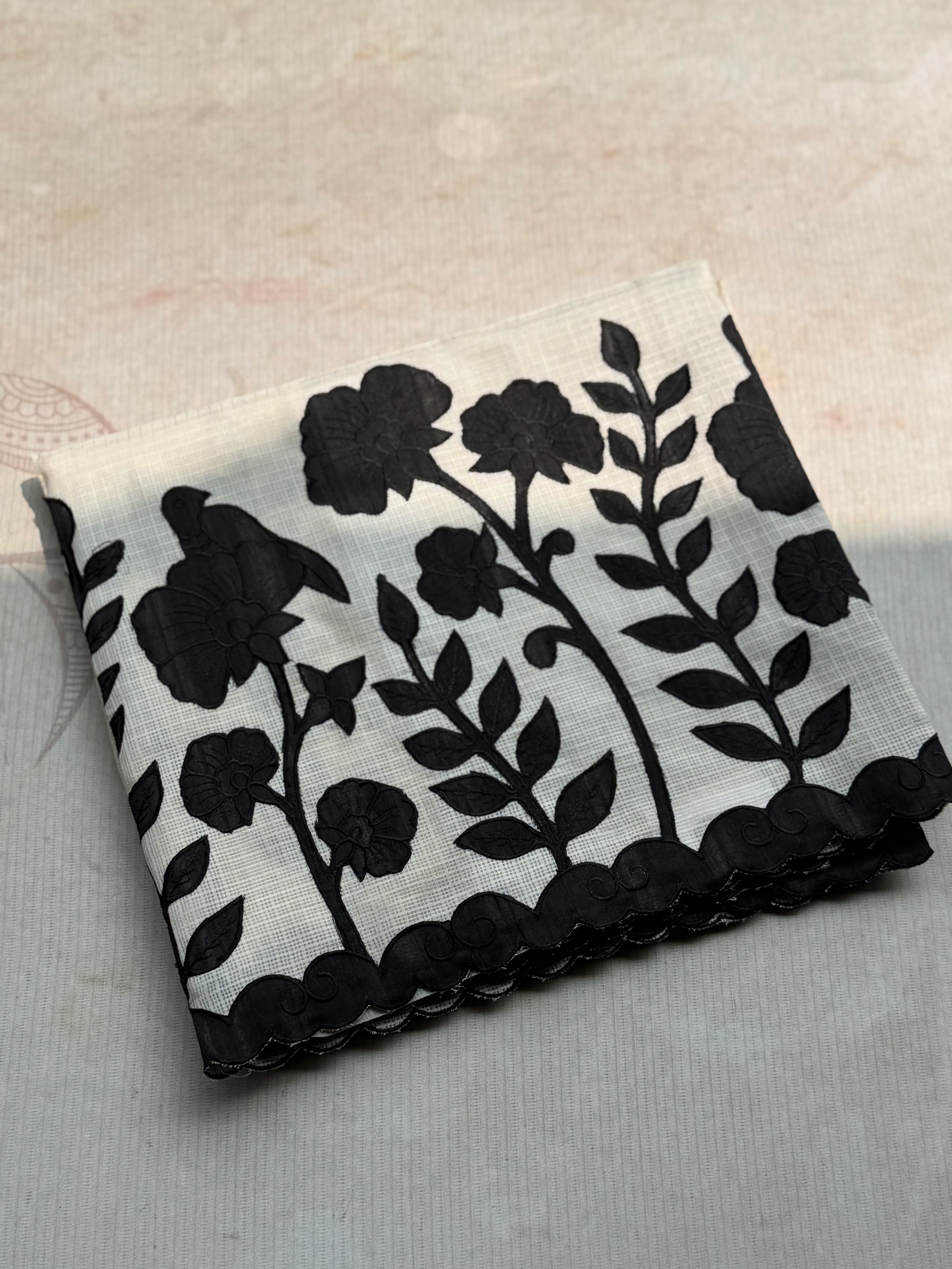 Cotton Kota Saree with Black Floral Appliqué Border | Handcrafted Appliqué Work Saree