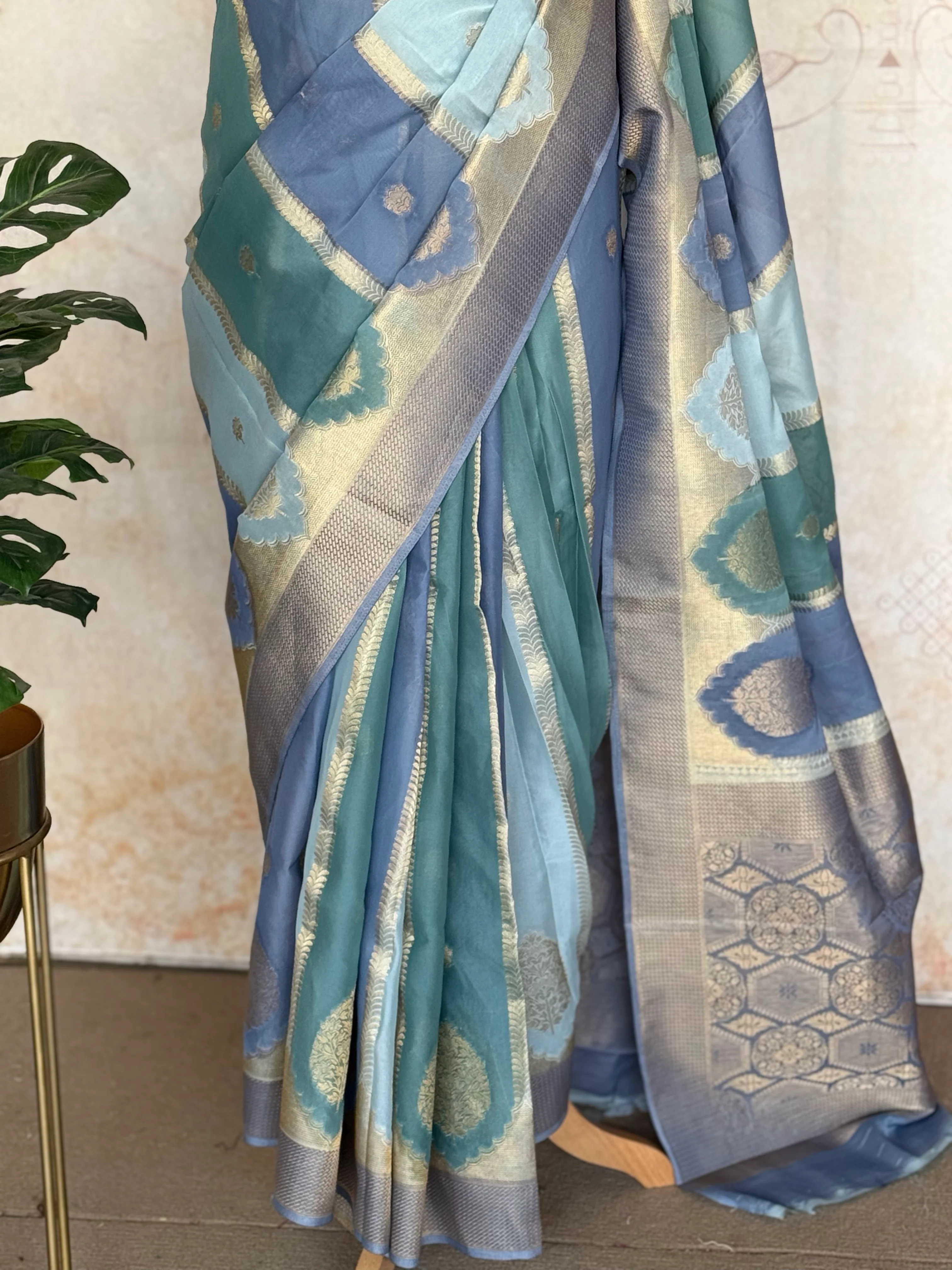 Ishara Mashru Silk Saree - Teal & Powder Blue with Zari Panels - Image 3