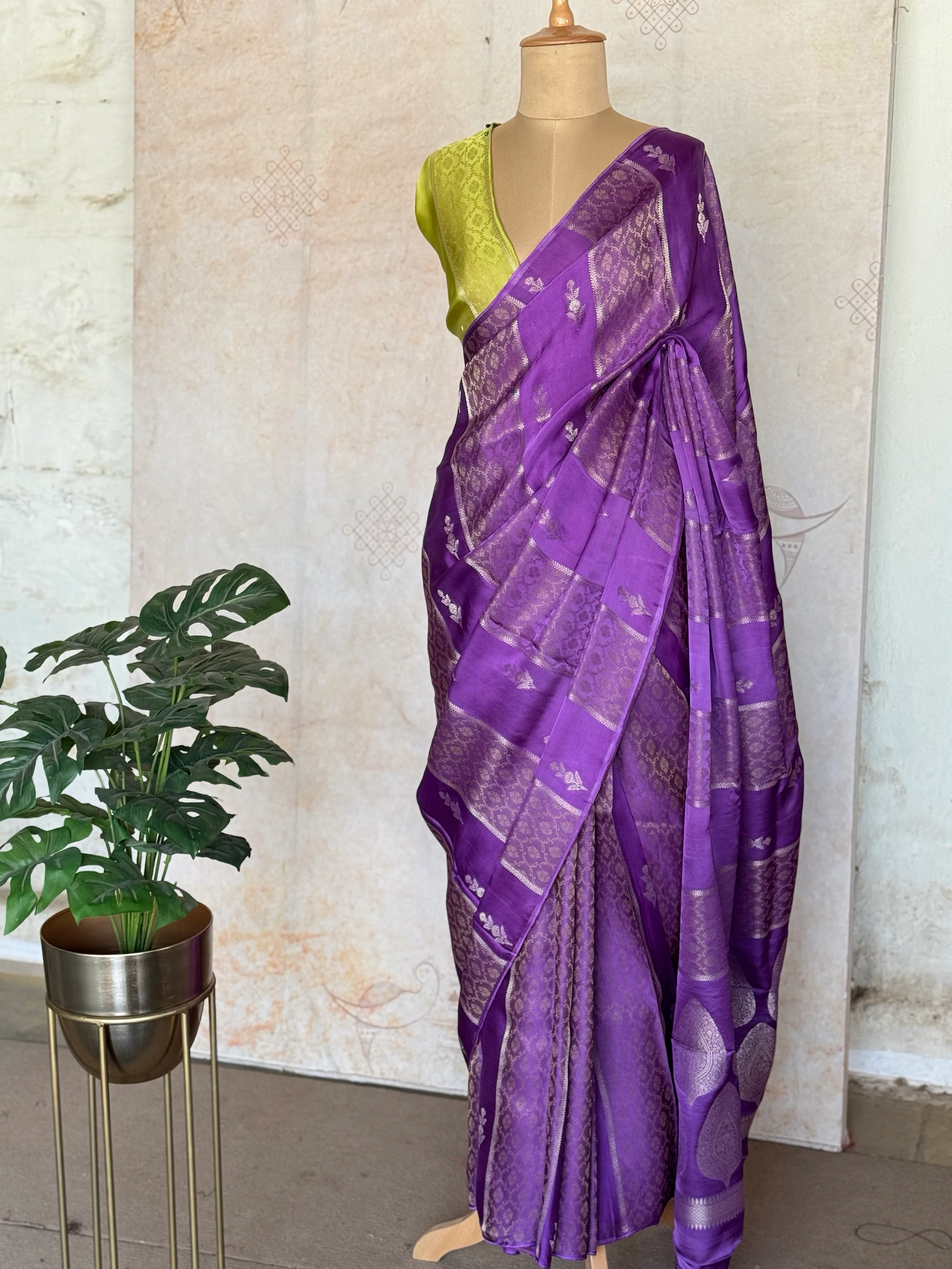 Ishara Mashru Silk Saree - Royal Purple with Zari Jaal & Floral Buttas
