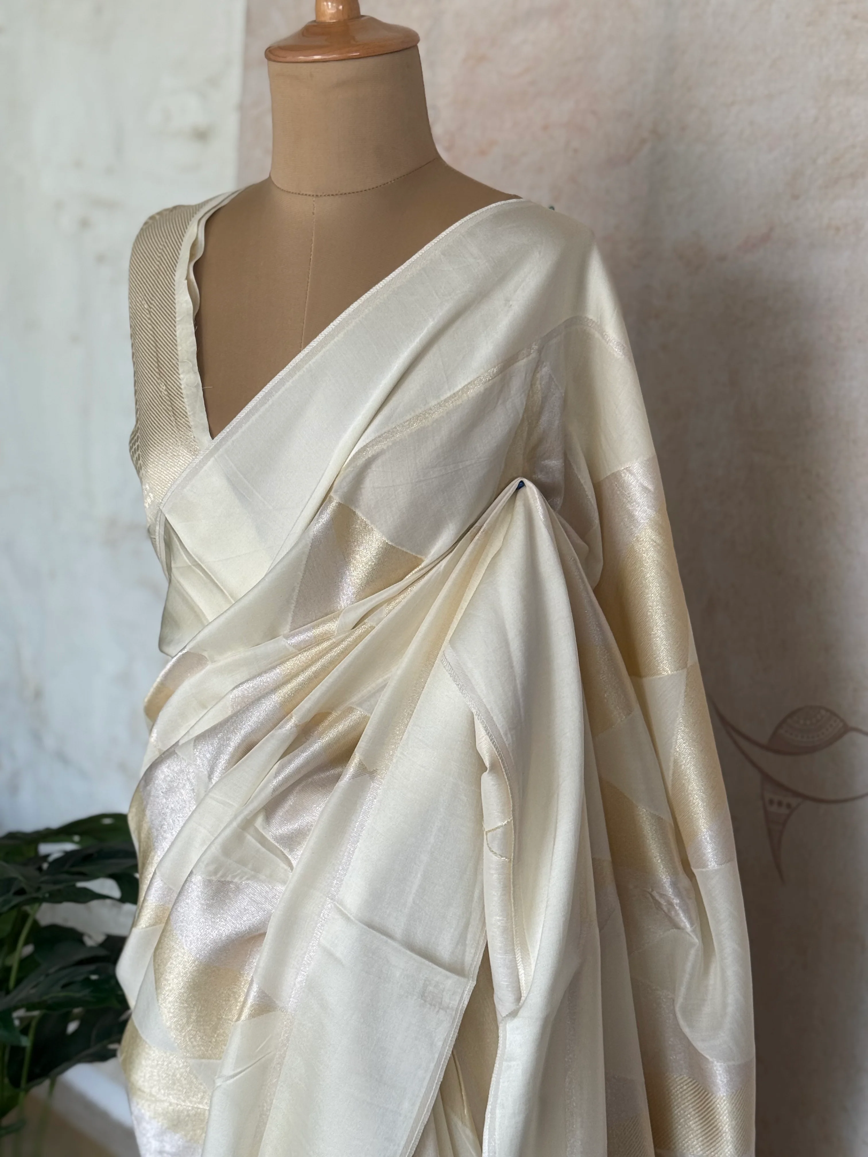 Ivory Gold Satin Silk Saree with Geometric Zari Weaves - Image 2