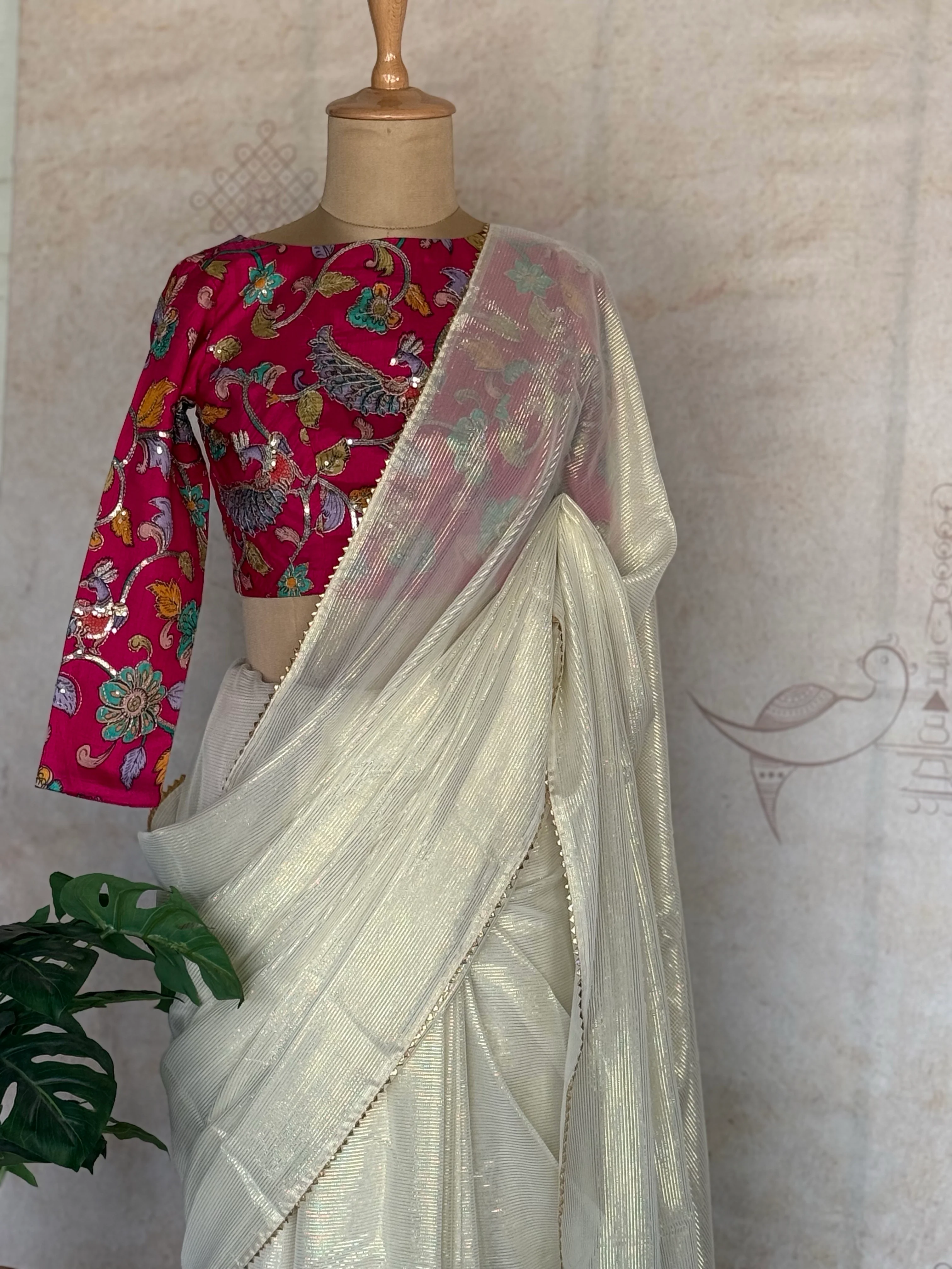 Laila Gold Line Saree with Gota Patti Lace & Floral Kalamkari Blouse