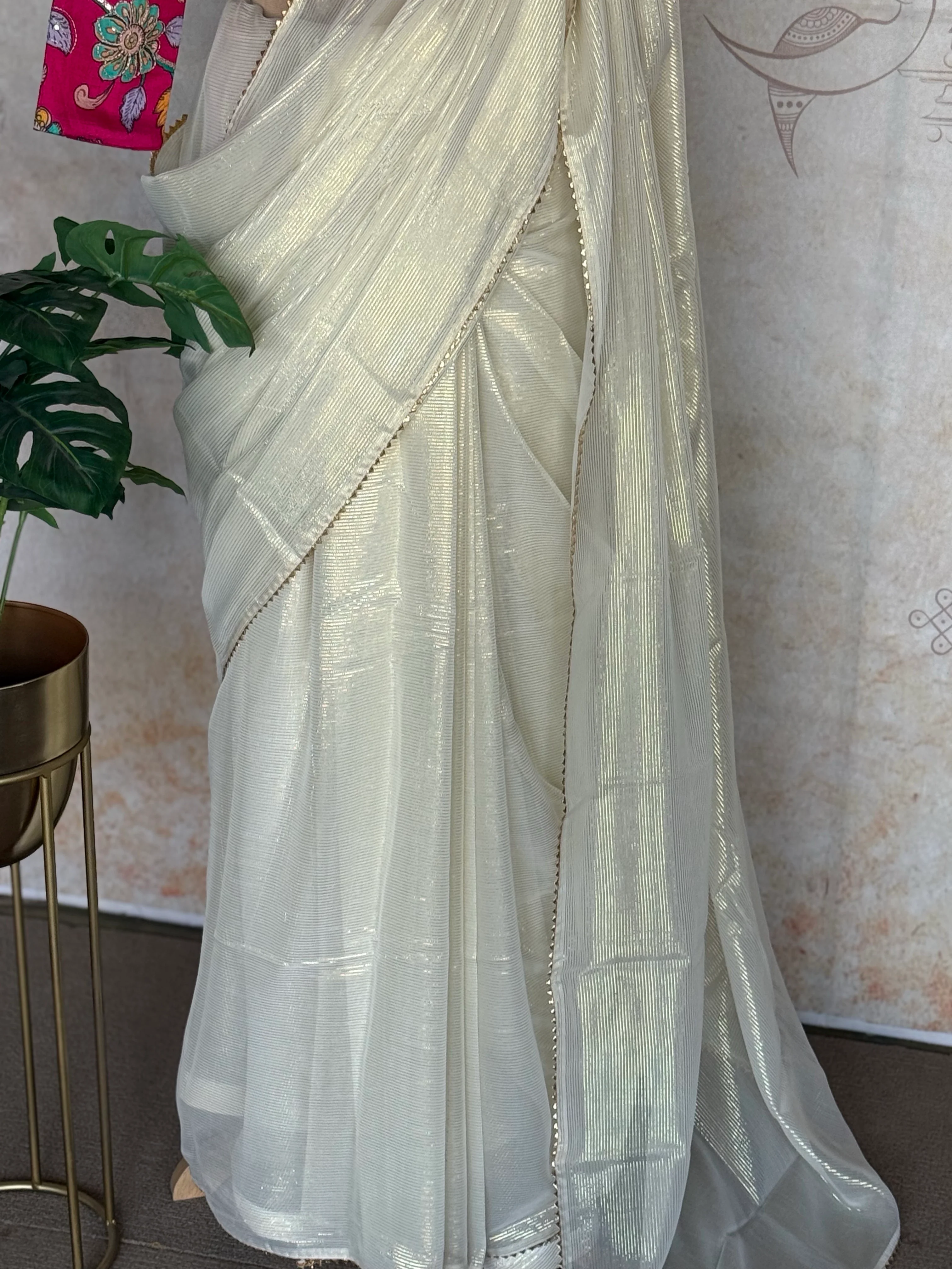 Laila Gold Line Saree with Gota Patti Lace & Floral Kalamkari Blouse - Image 2