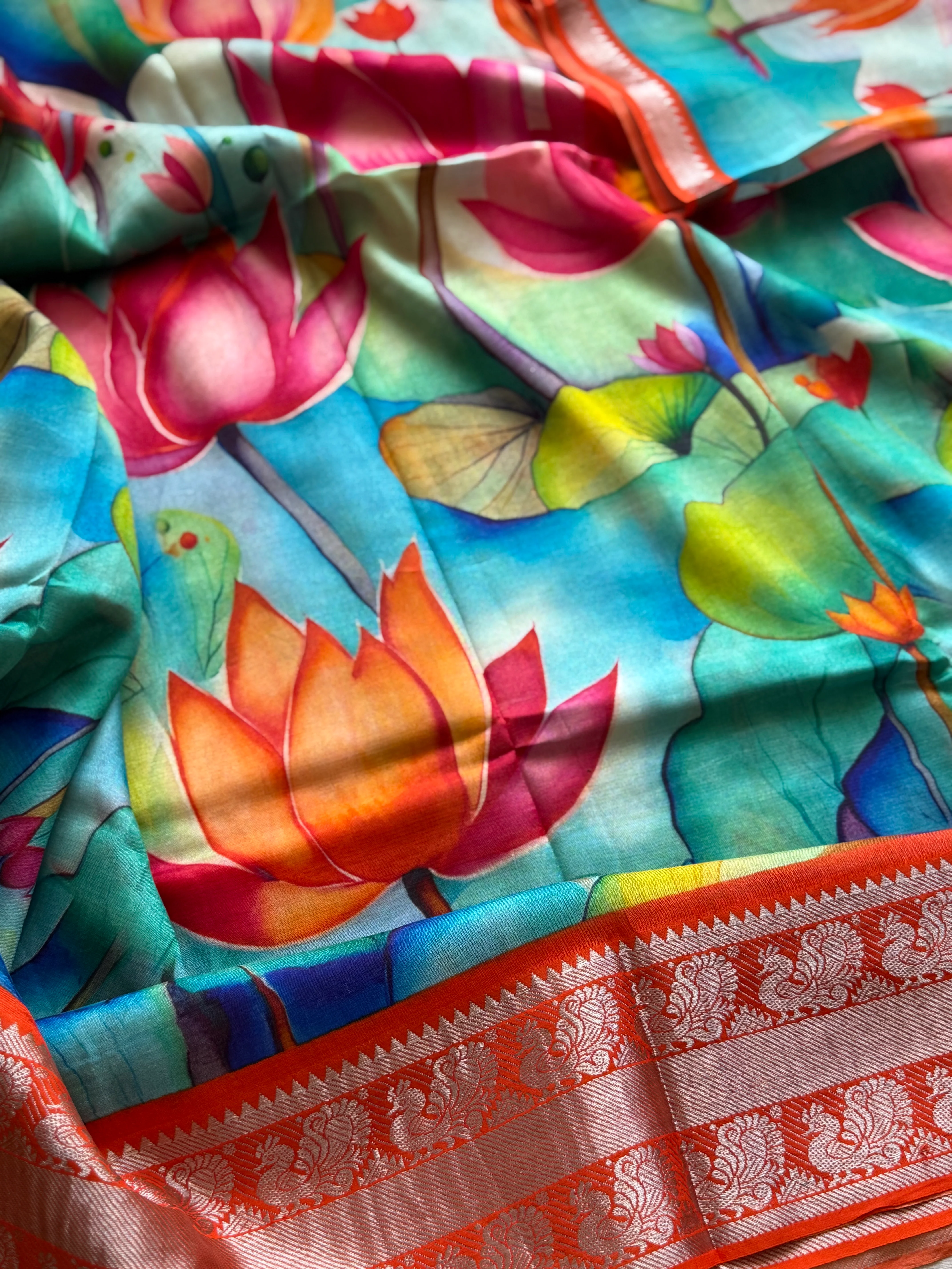 Mangalgiri Digital Printed Saree with Floral Print & Silver Zari Border | Studio Virupa - Image 2