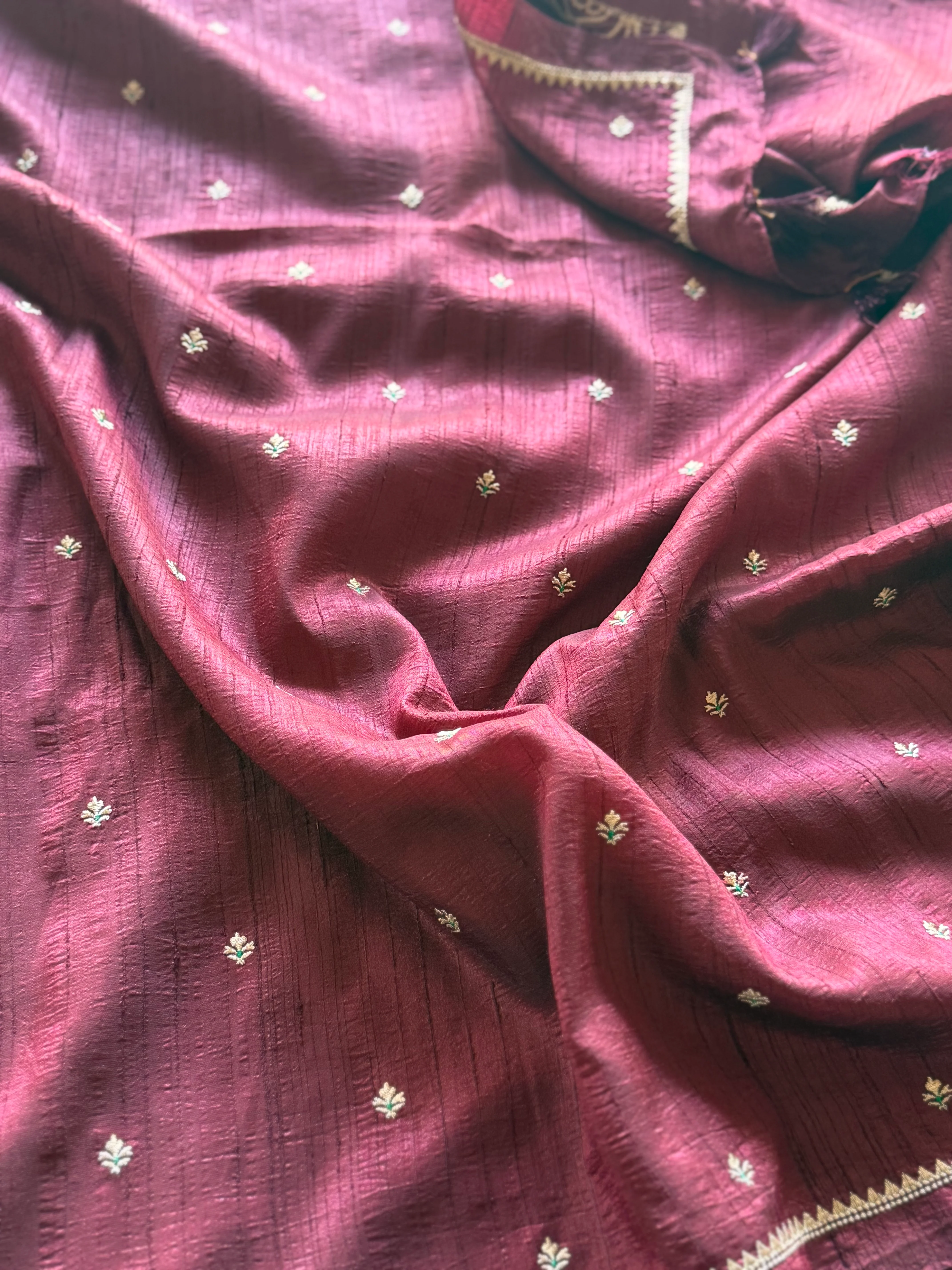Handwoven Jute Tussar Silk Saree with All-Over Embellishments & Embroidered Blouse - Image 2