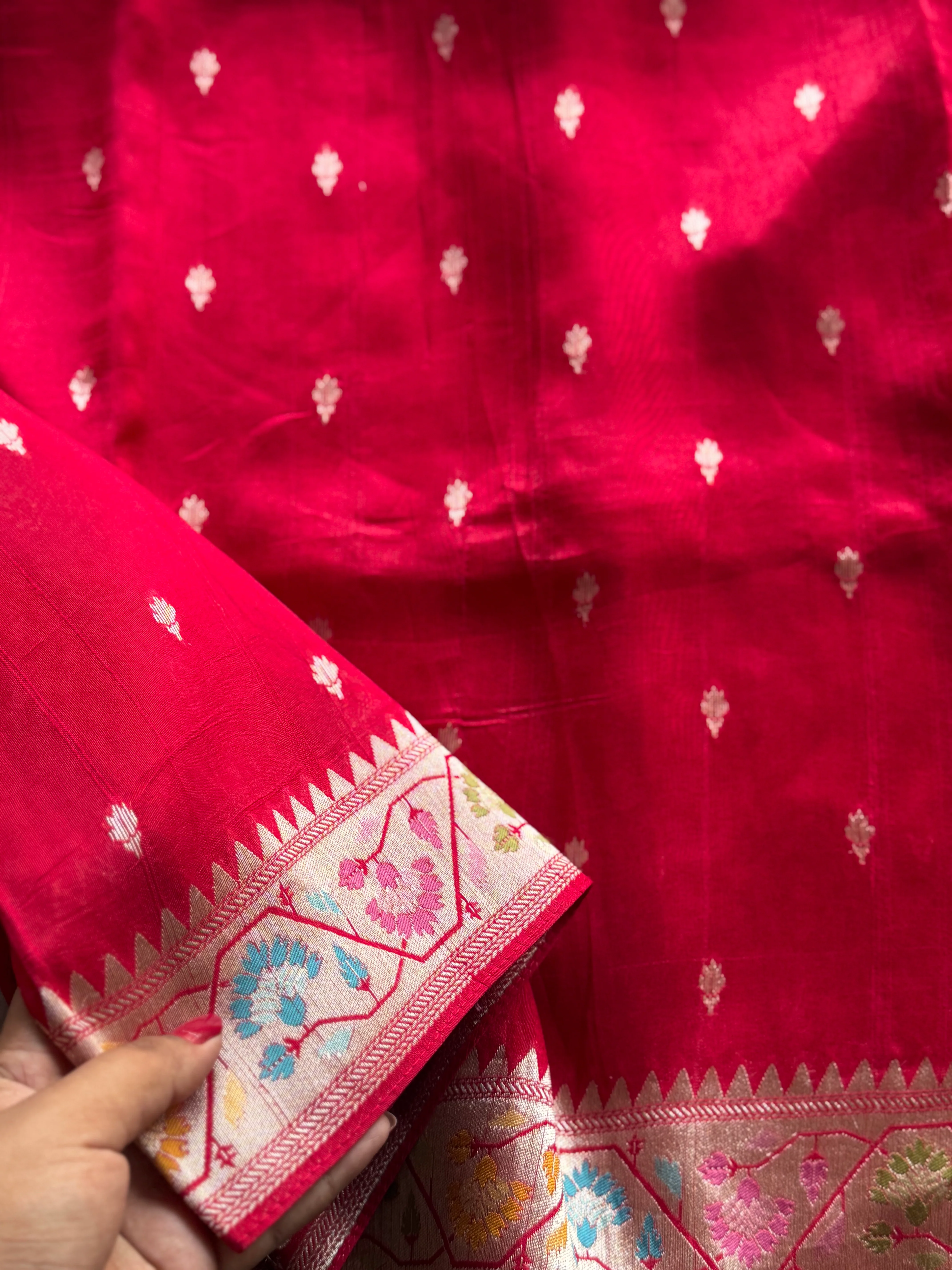 Pratya - Crepe Silk Saree in Red with Paithani Border & Floral Pallu - Image 2