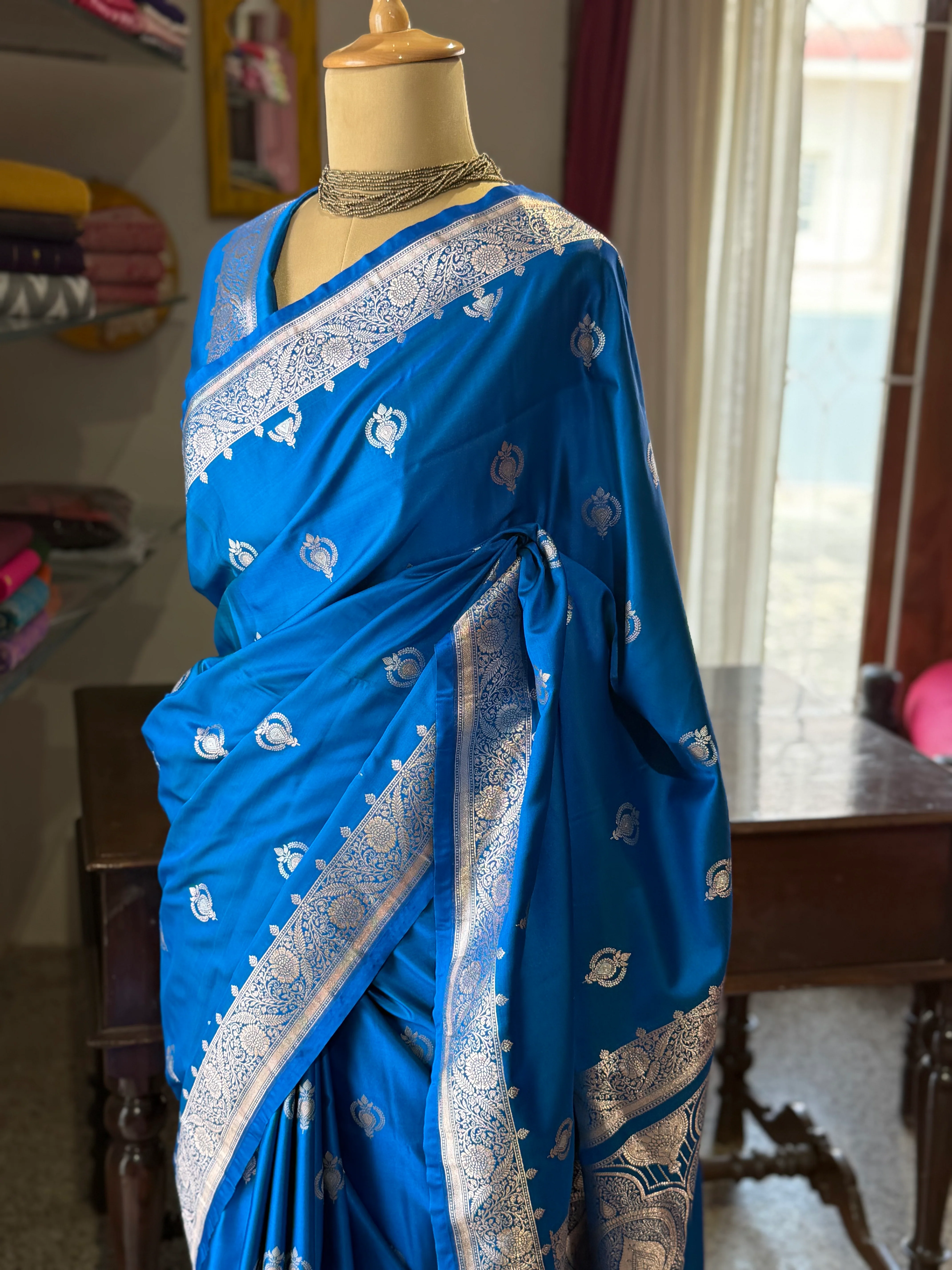 Pure Banarasi Katan Silk Saree – Sky Blue - Image 3