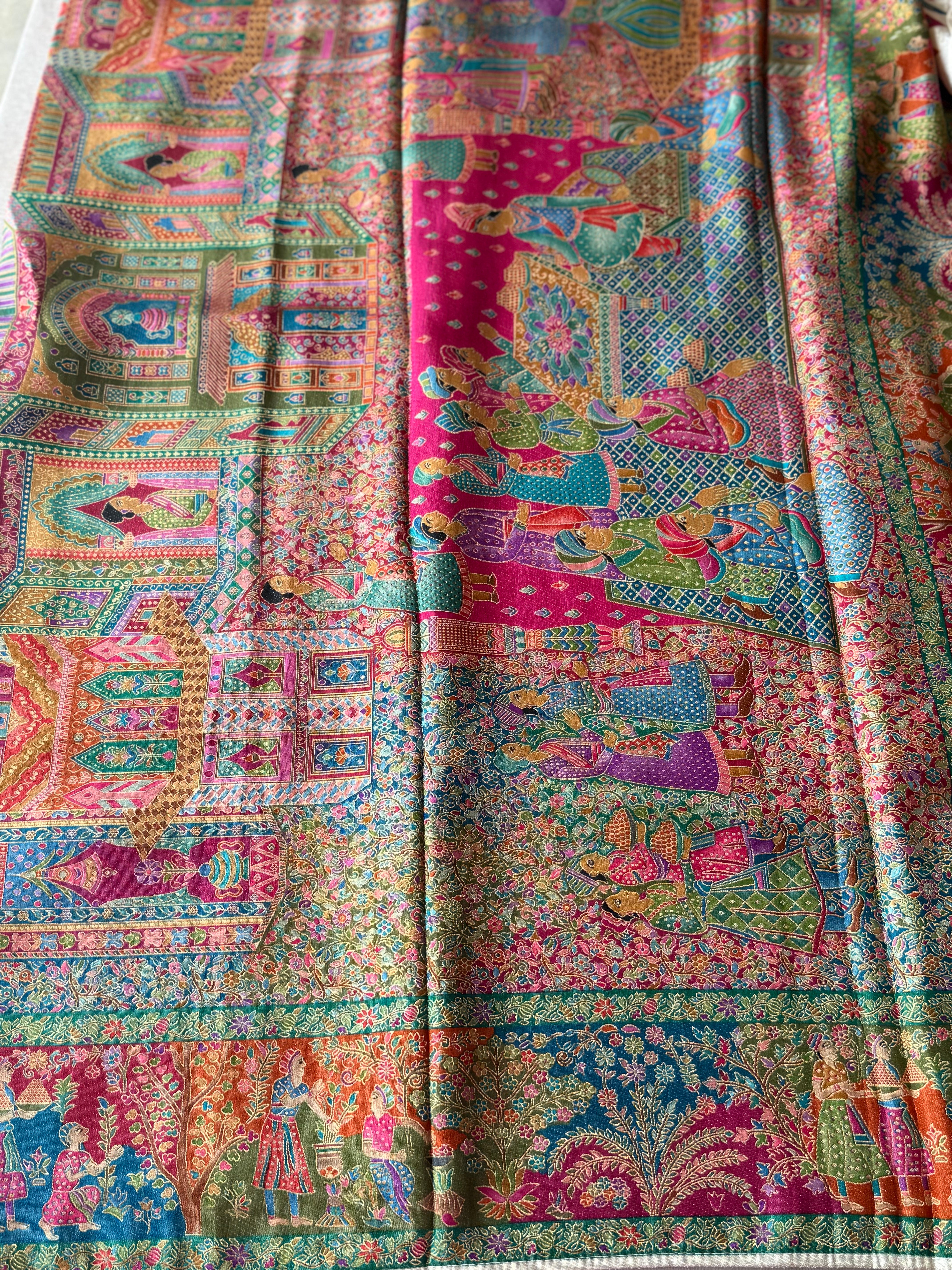 Pure Pashmina Silk Saree with All-Over Stripes & Raja Rani Story Pallu – Multicolour with Contrast Pink Blouse - Image 3