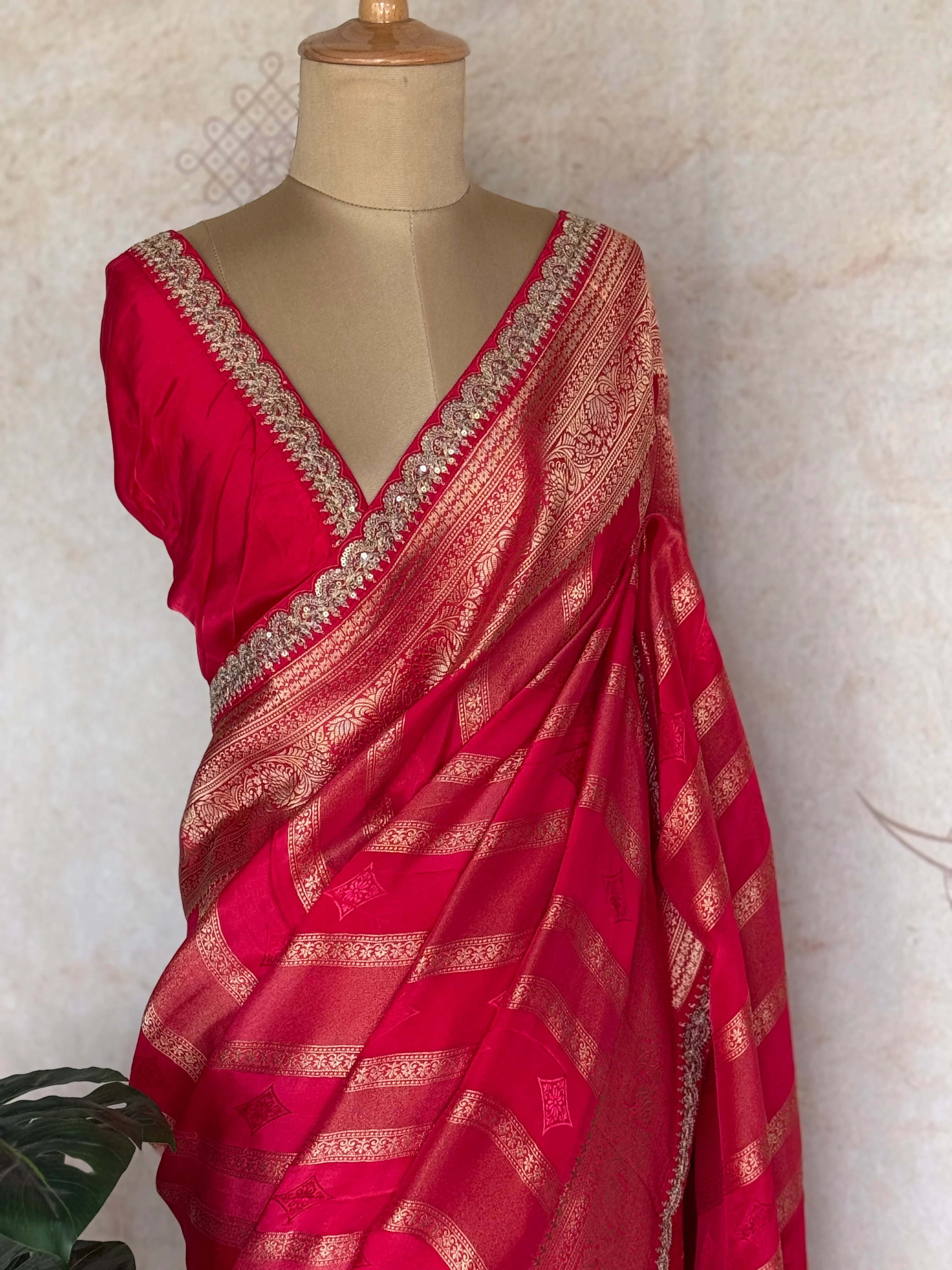 Rani Pink Banarasi Silk Saree with Antique Gold Zari & Embellished Scallop Border