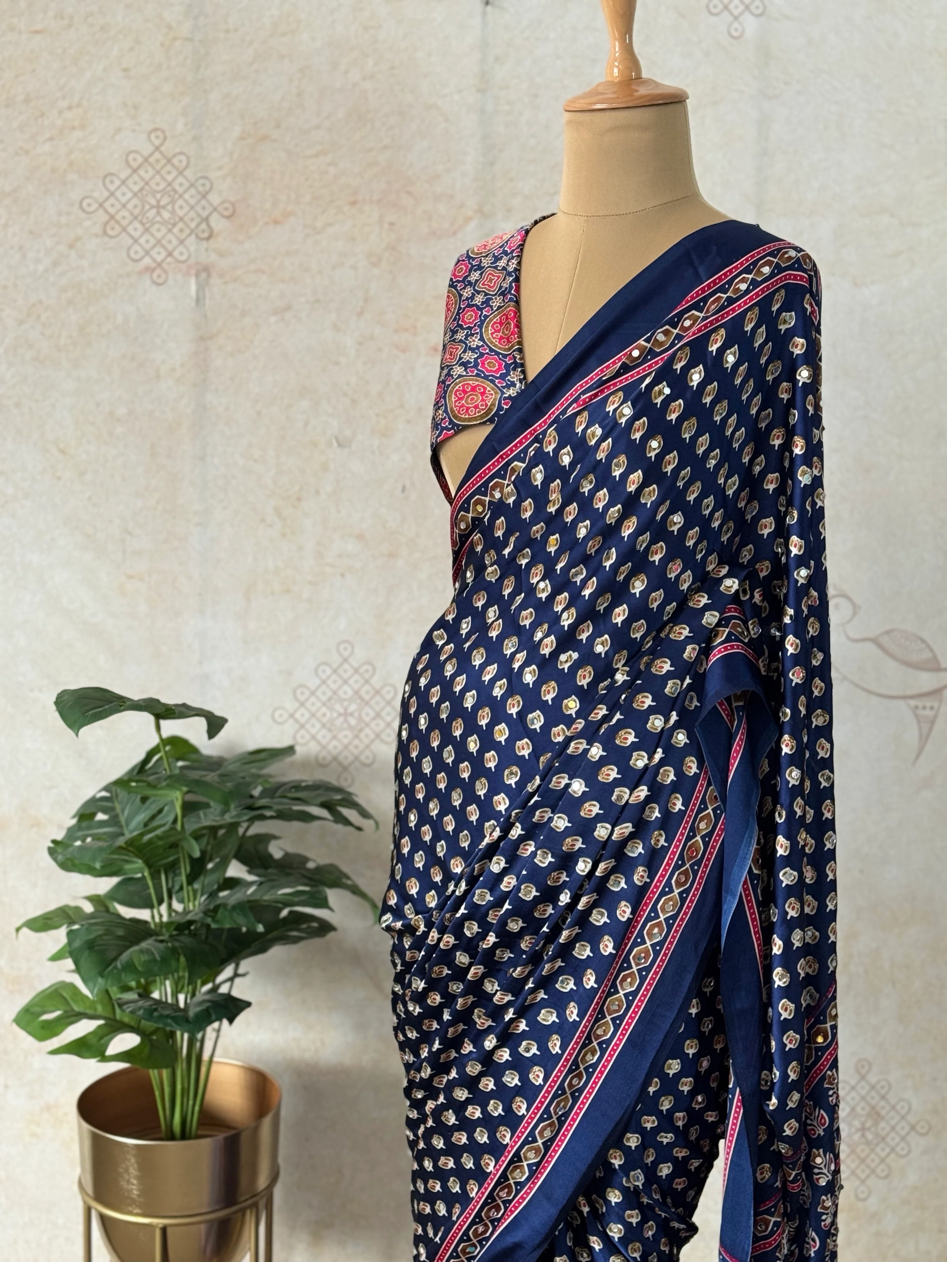 Navy Blue Modal Silk Bagru Print Saree with Mirror Work | Ajrakh Blouse - Image 2