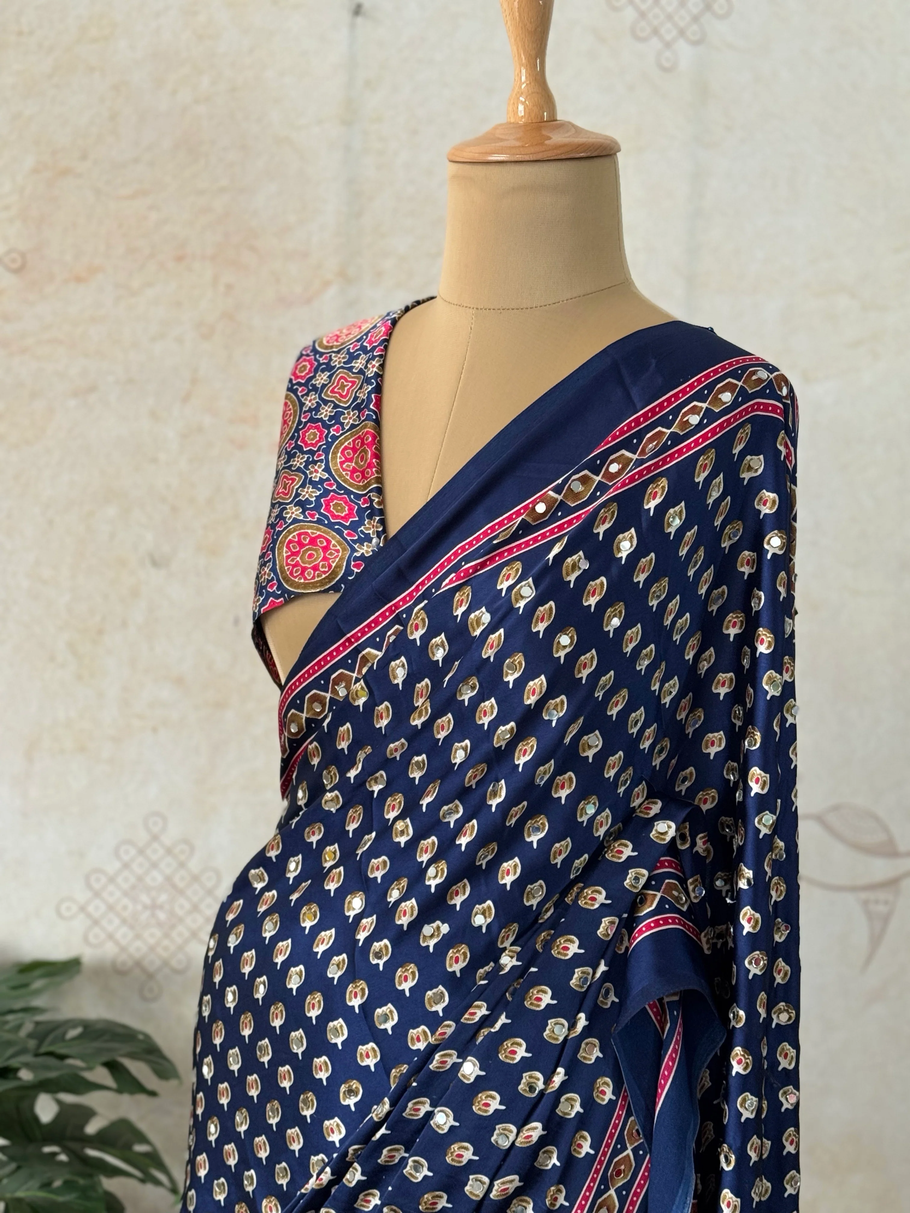 Navy Blue Modal Silk Bagru Print Saree with Mirror Work | Ajrakh Blouse - Image 3