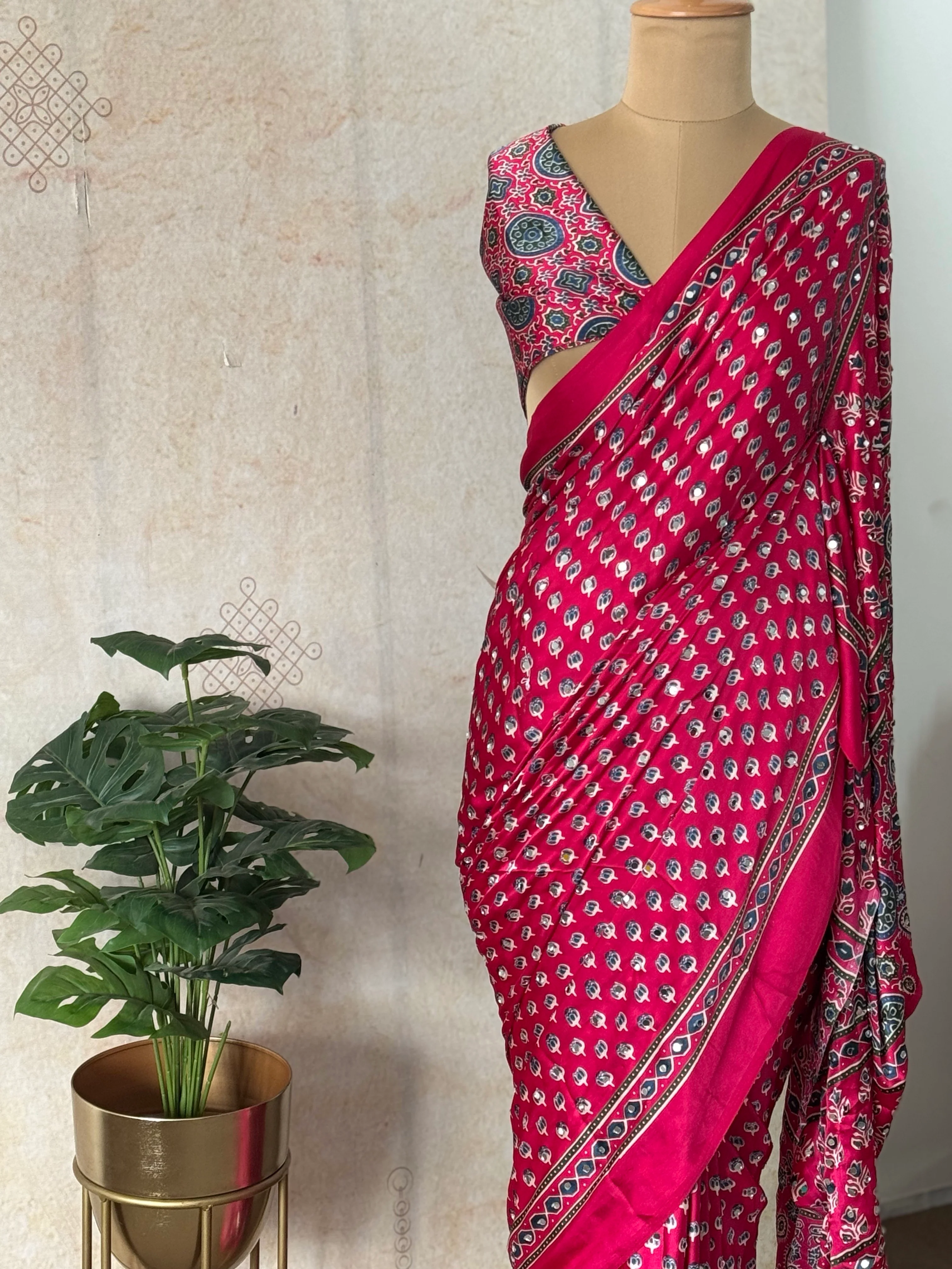 Rani Pink Modal Silk Bagru Print Saree with Mirror Work | Ajrakh Blouse
