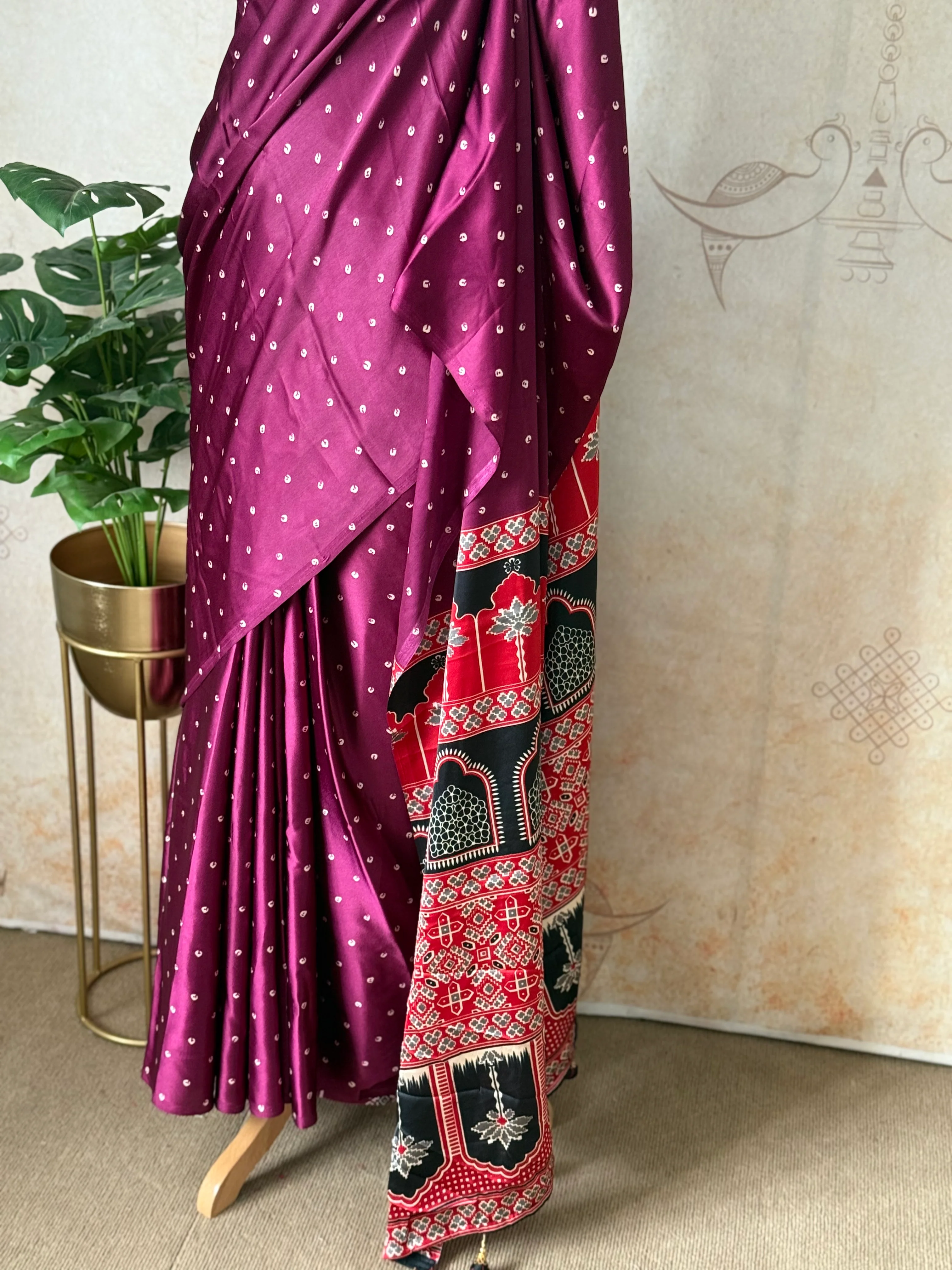 Purple Modal Saree with Silver Buttas with Ajrakh Pallu - Image 3
