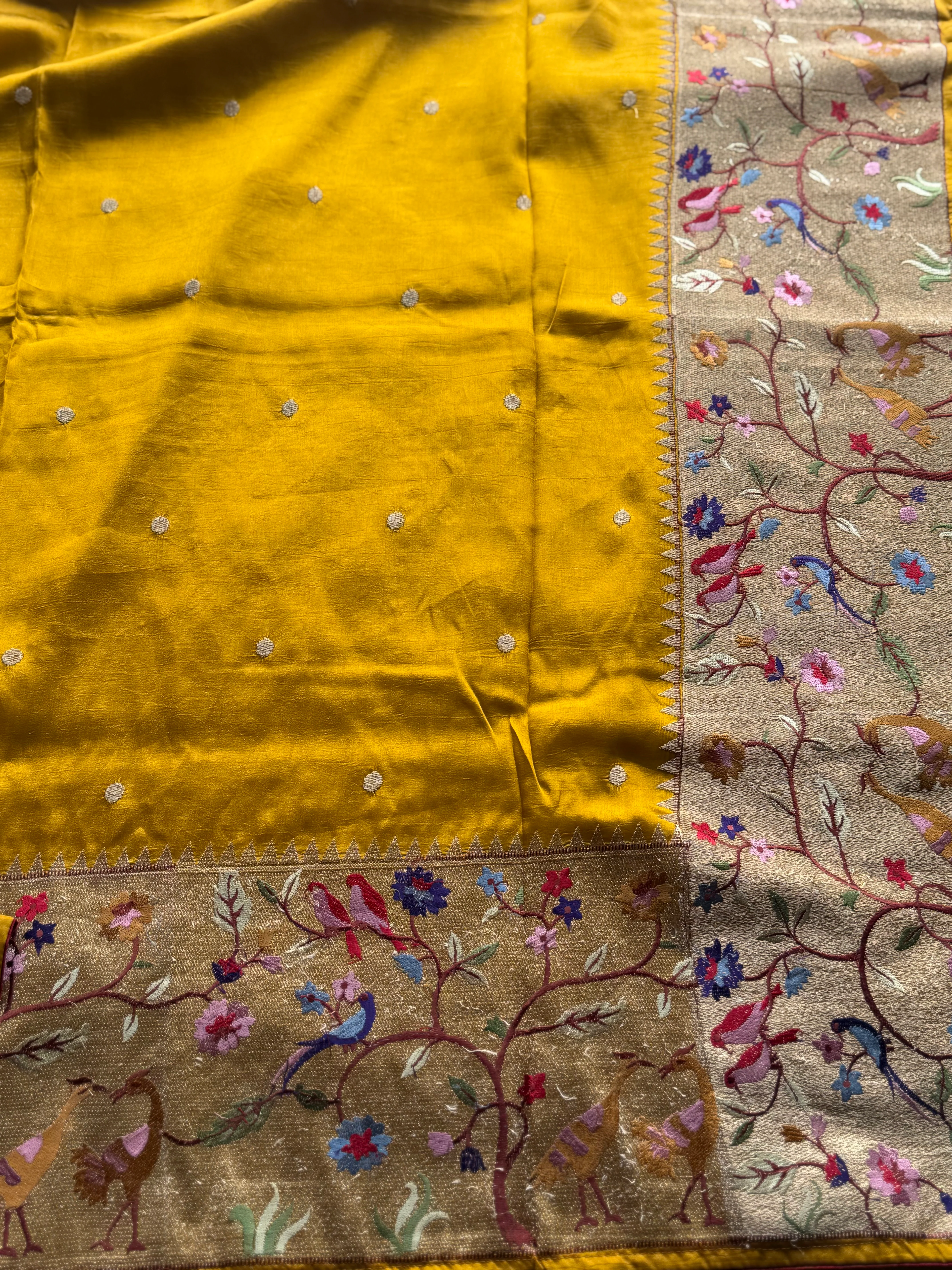 Sashtika - Mustard Yellow Chiniya Silk Saree with Paithani Bird & Floral Border - Image 3