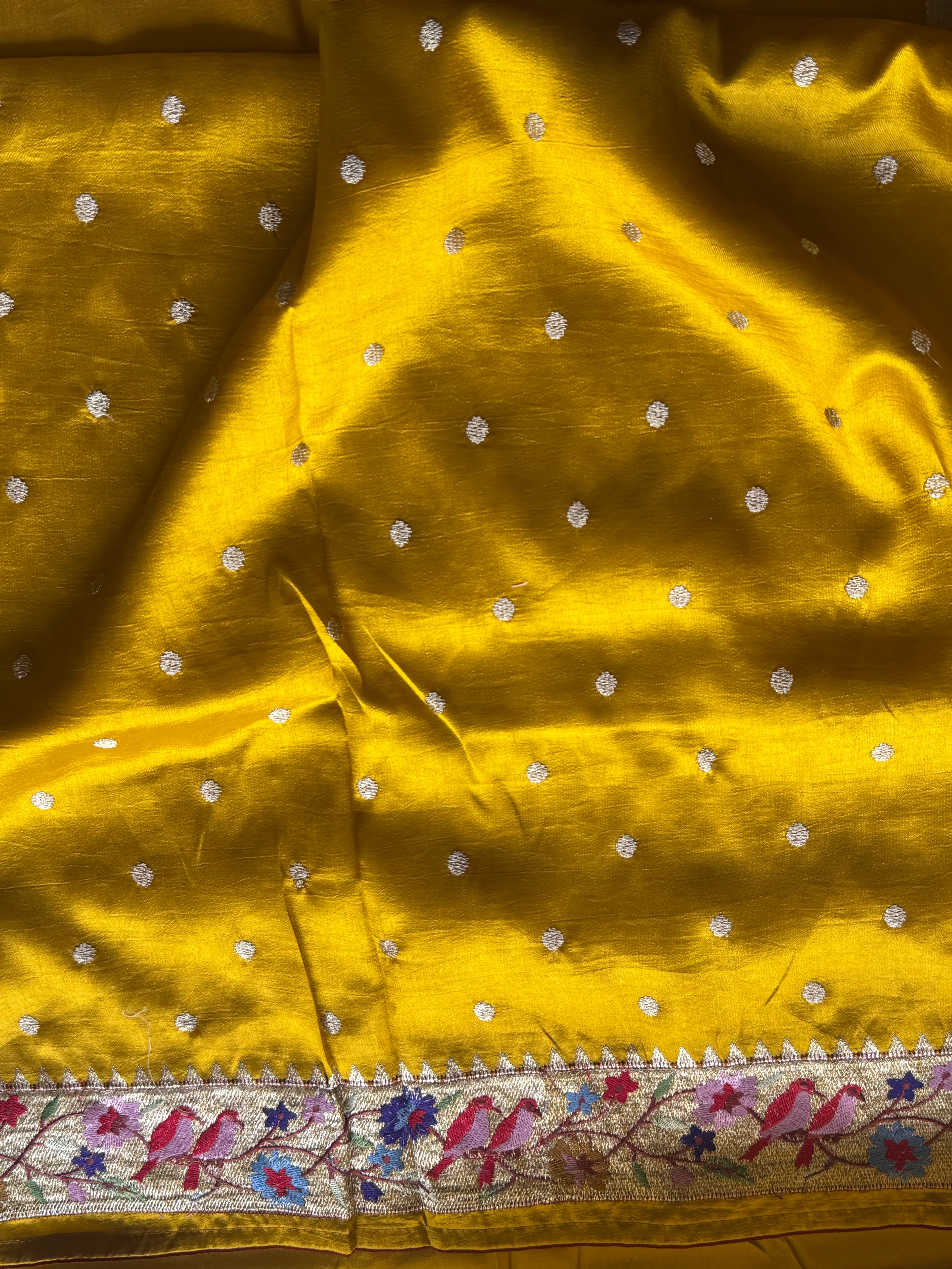 Sashtika - Mustard Yellow Chiniya Silk Saree with Paithani Bird & Floral Border - Image 4