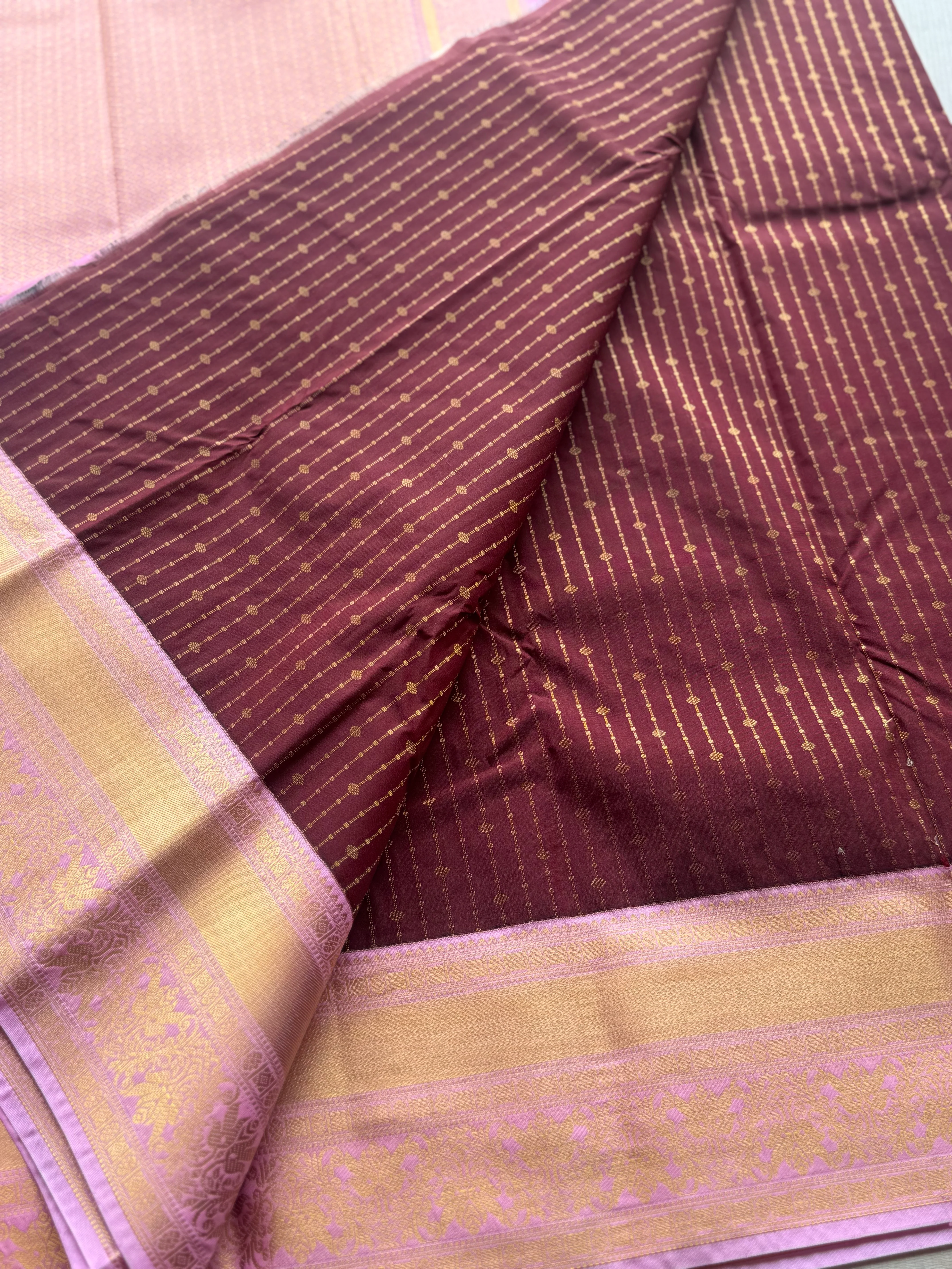 Semi Kanchi Silk Saree with Zari Stripes & Peacock Border - Image 2