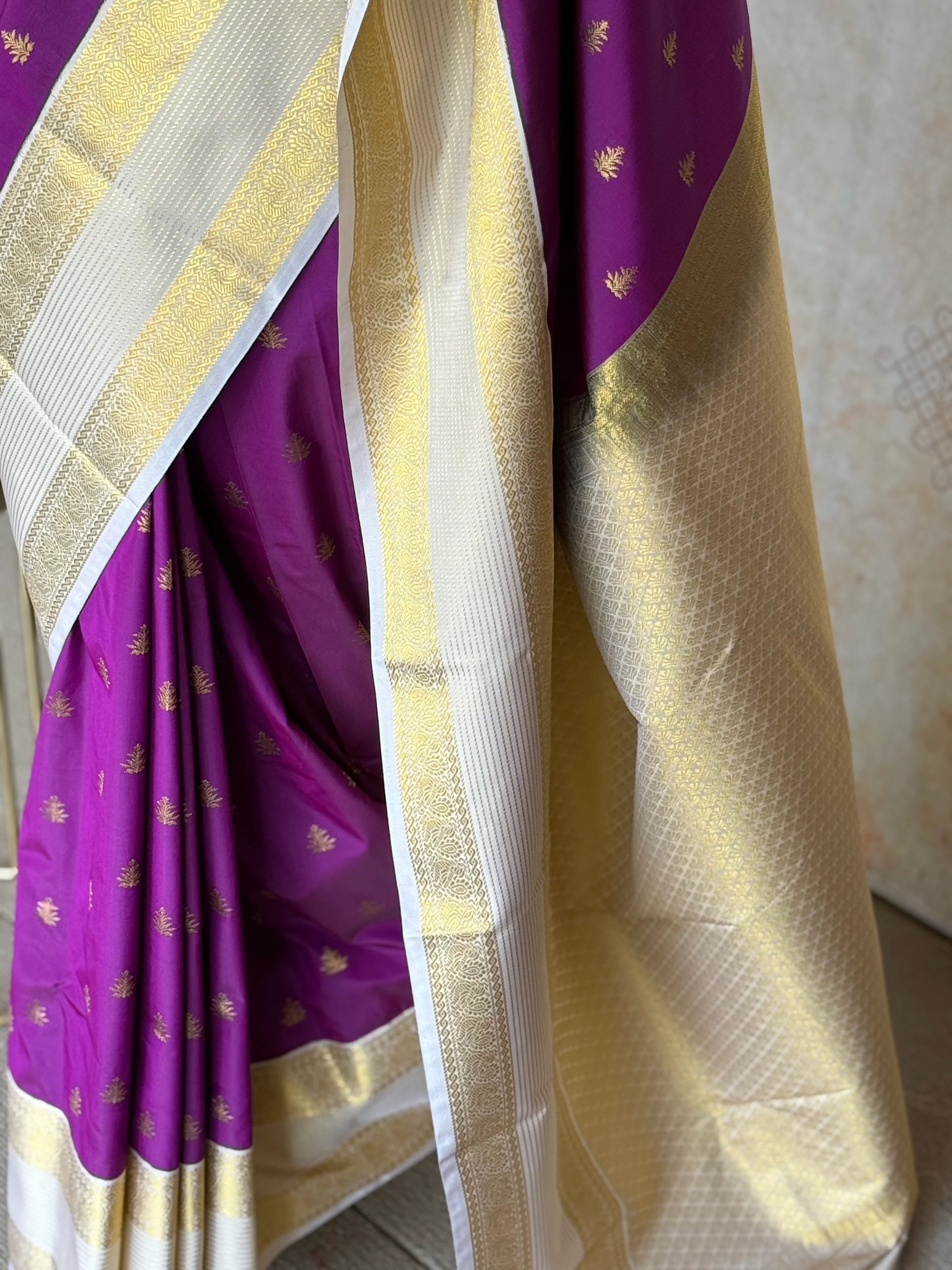 Semi Kanchi Silk Saree with Zari Buttas & Contrast Border – Purple & Mustard Elegance - Image 4