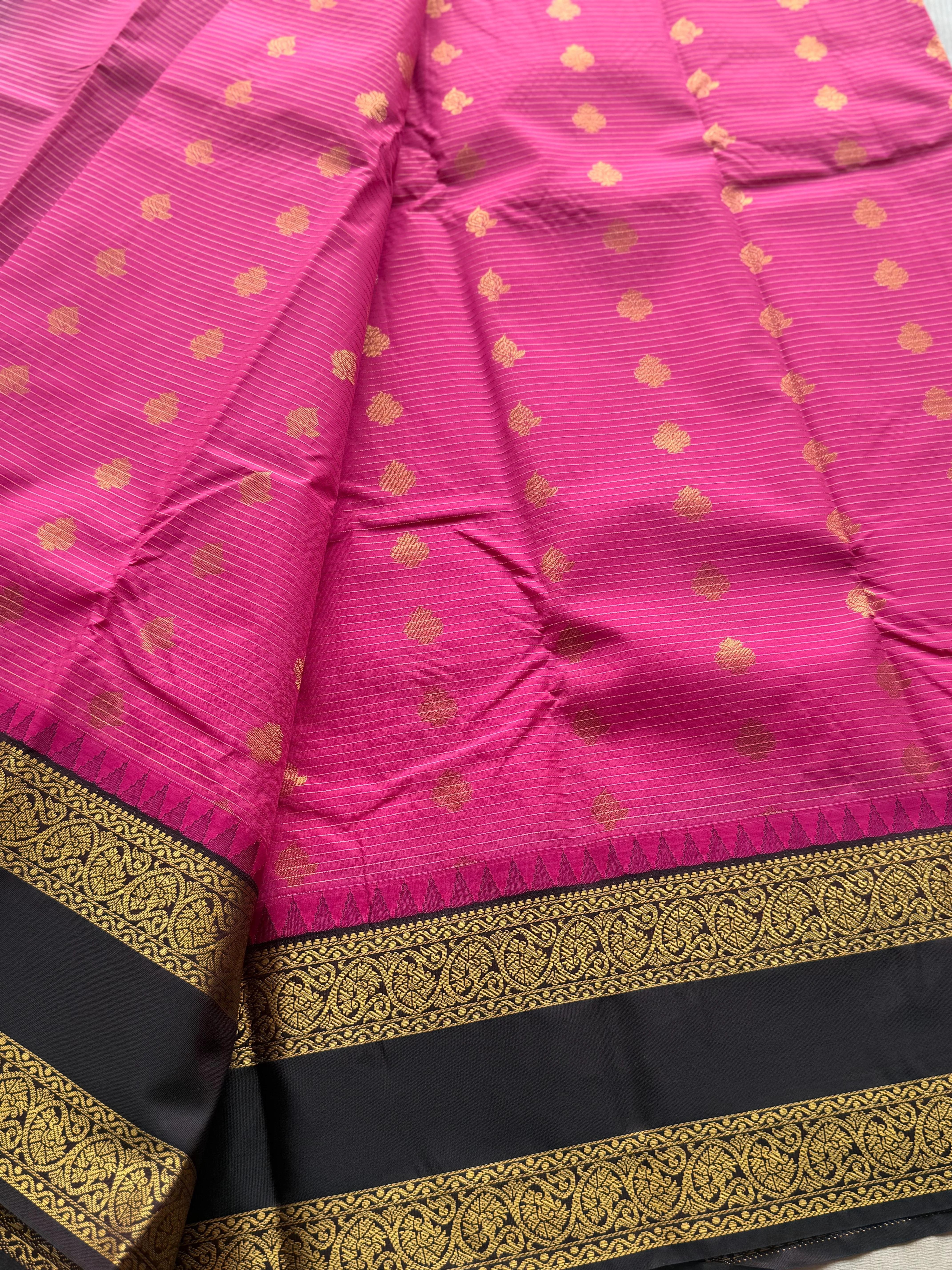 Semi Kanchi Silk Saree with Zari Lines, Buttas & Retta Petta Border - Image 3