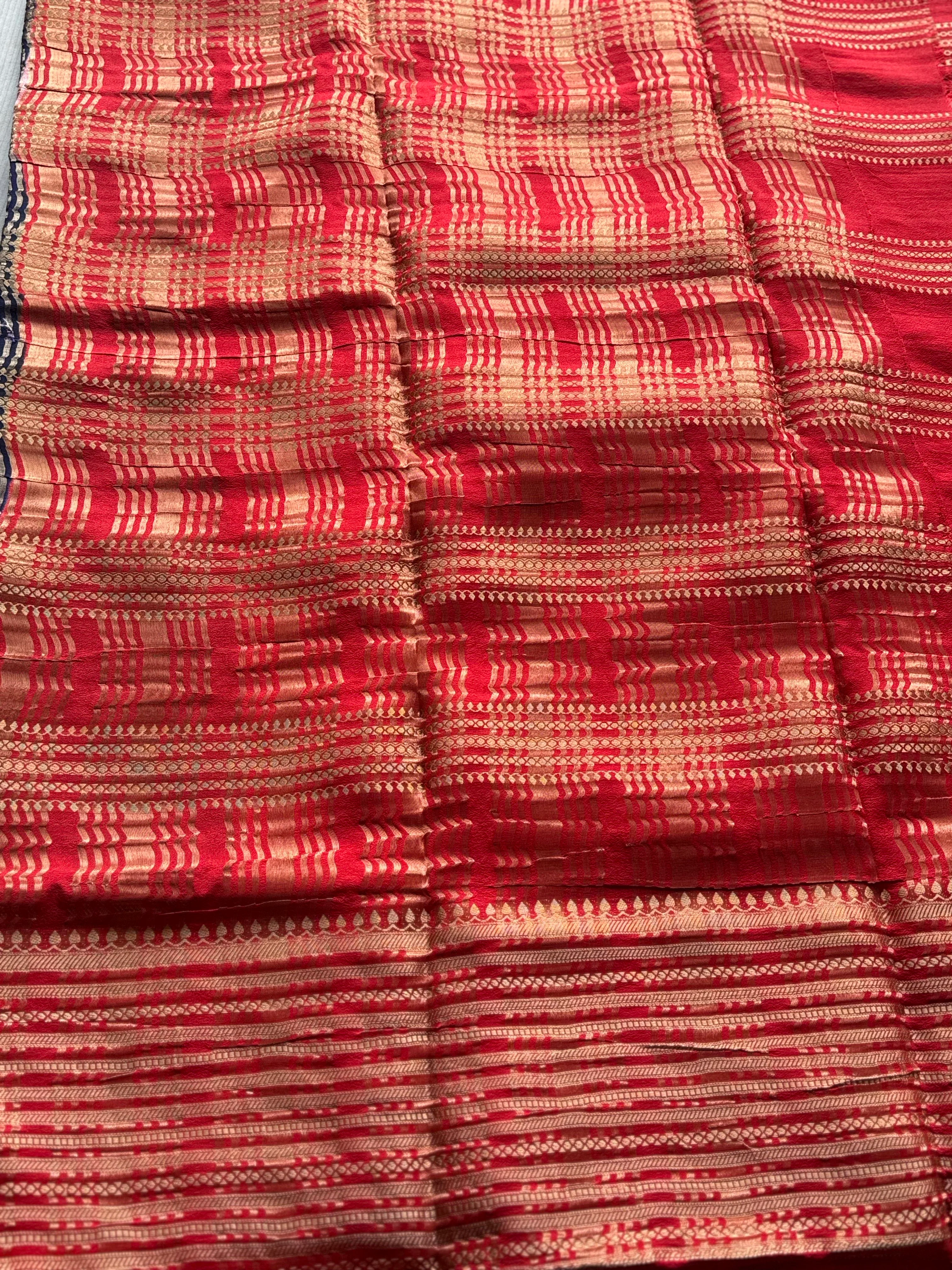 Semi Mysore Crepe Silk Saree with Gold Zari Stripes & Contrast Border - Image 2