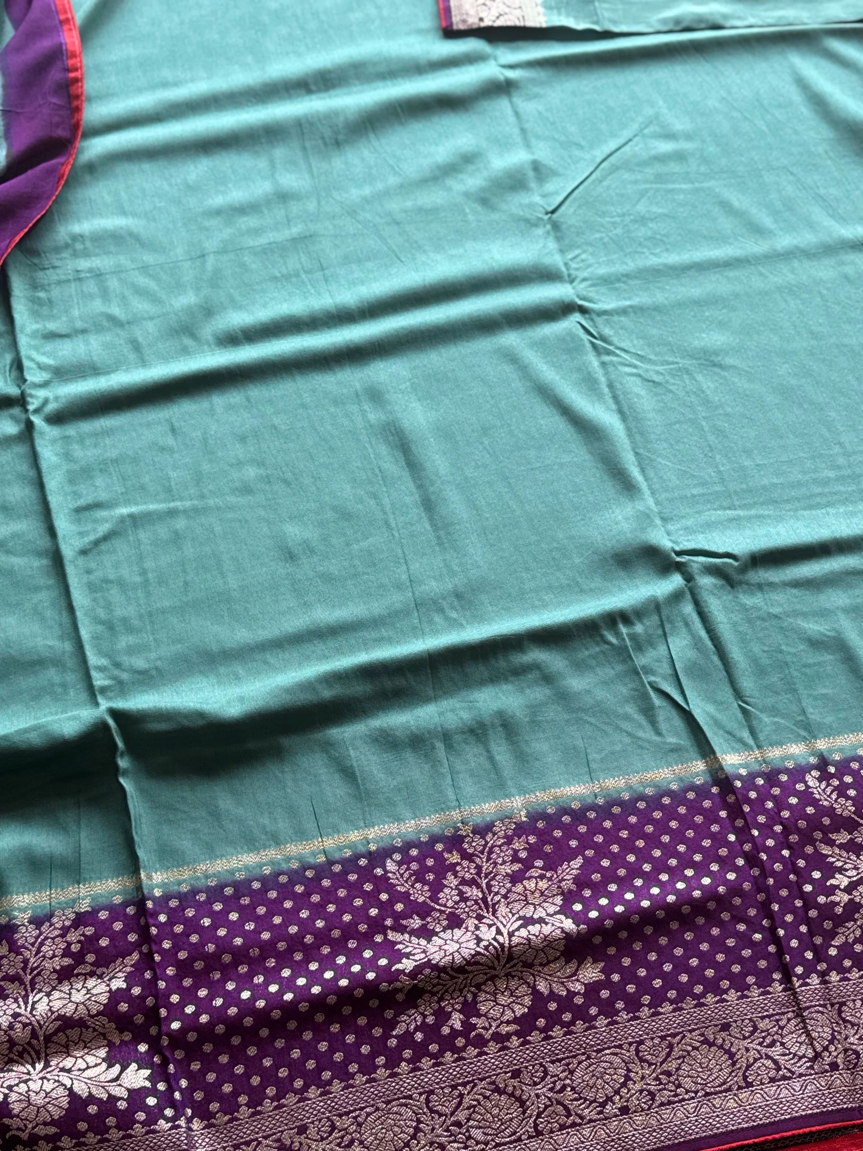 Teal Blue & Royal Purple Banarasi Semi Tussar Silk Saree - Image 2