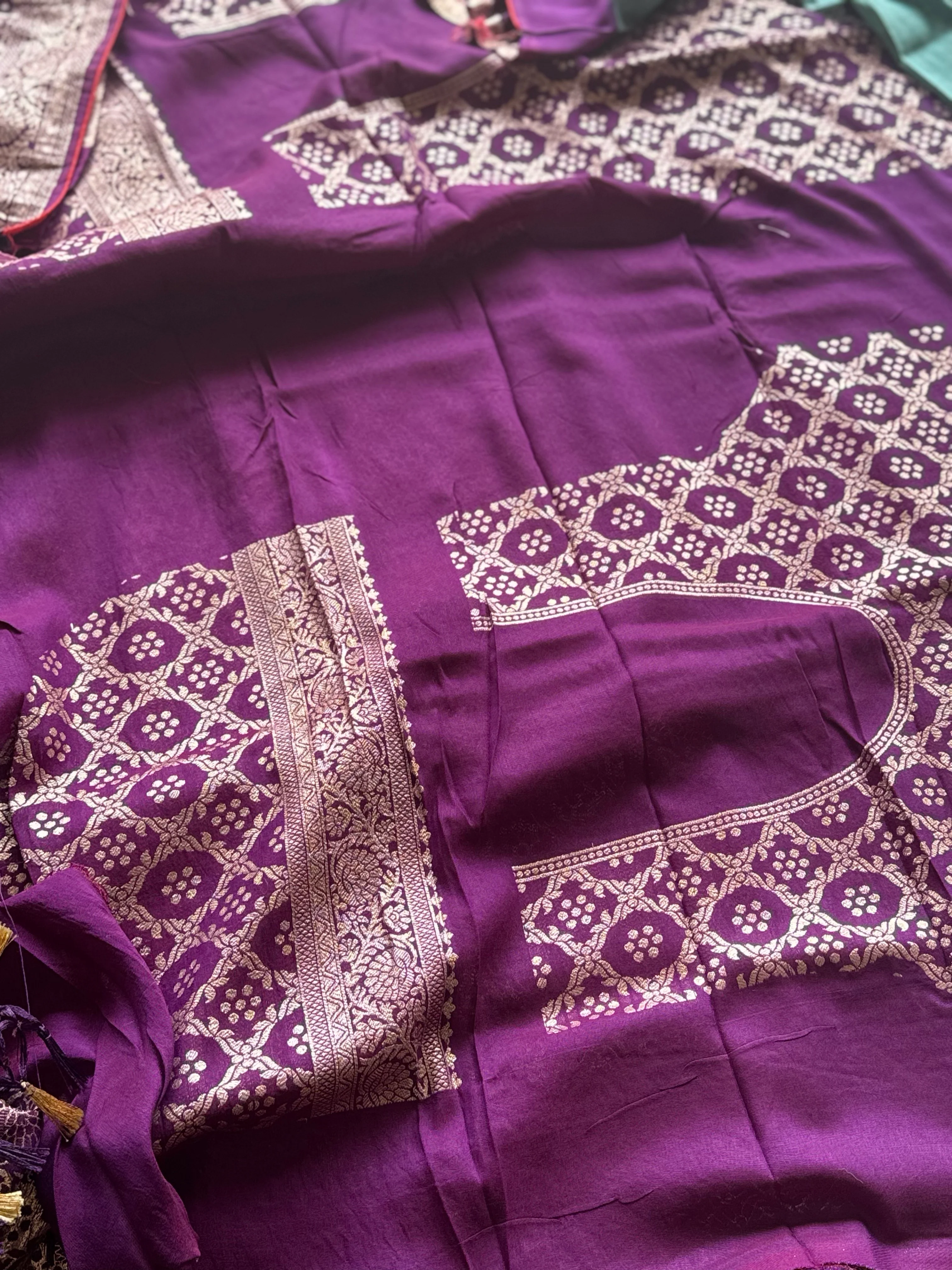 Teal Blue & Royal Purple Banarasi Semi Tussar Silk Saree - Image 5