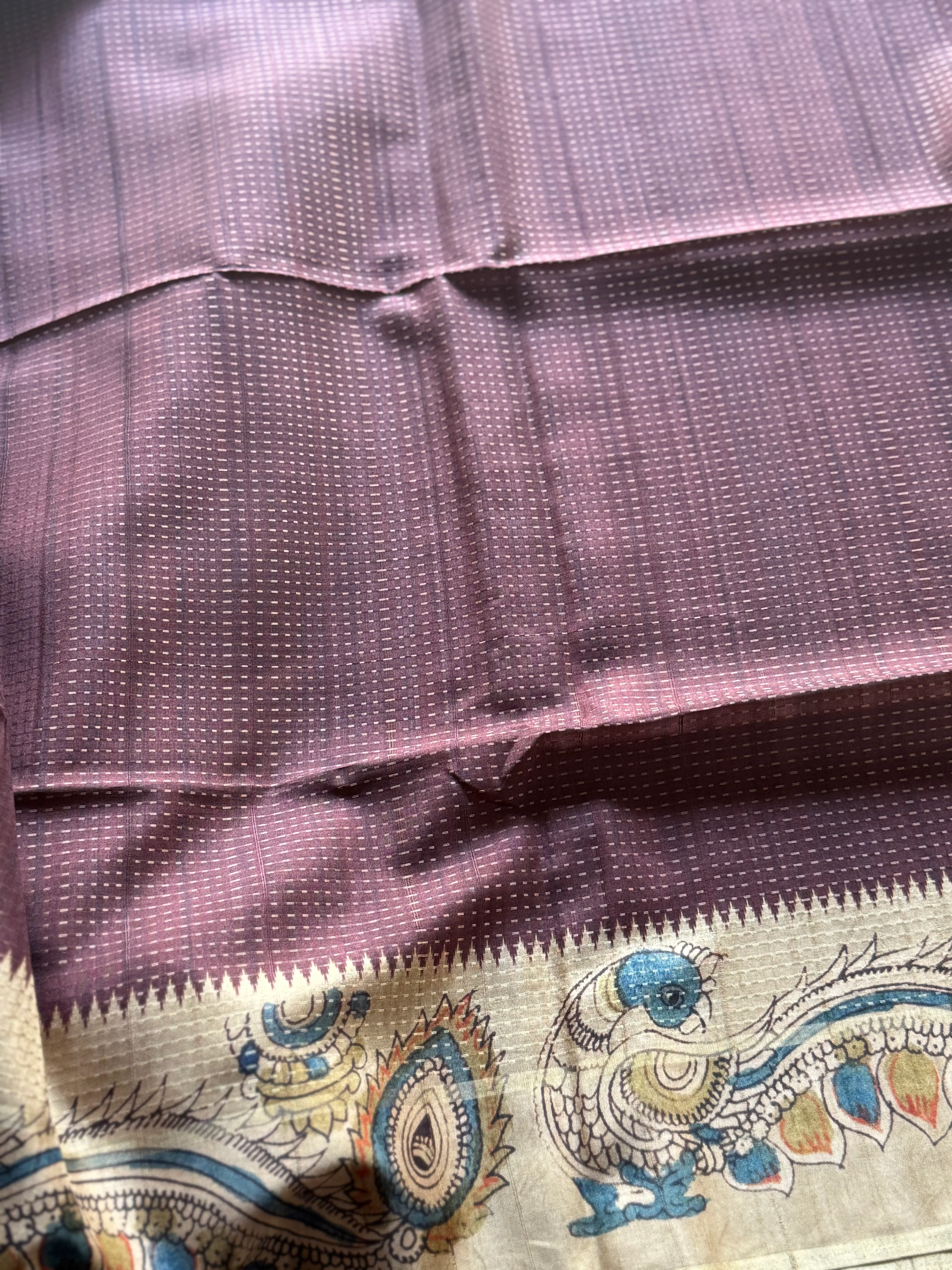 Tussar Silk Saree with Kalamkari Peacock & Ramar Pattabhishekam Pallu | Contrast Kalamkari Blouse - Image 2