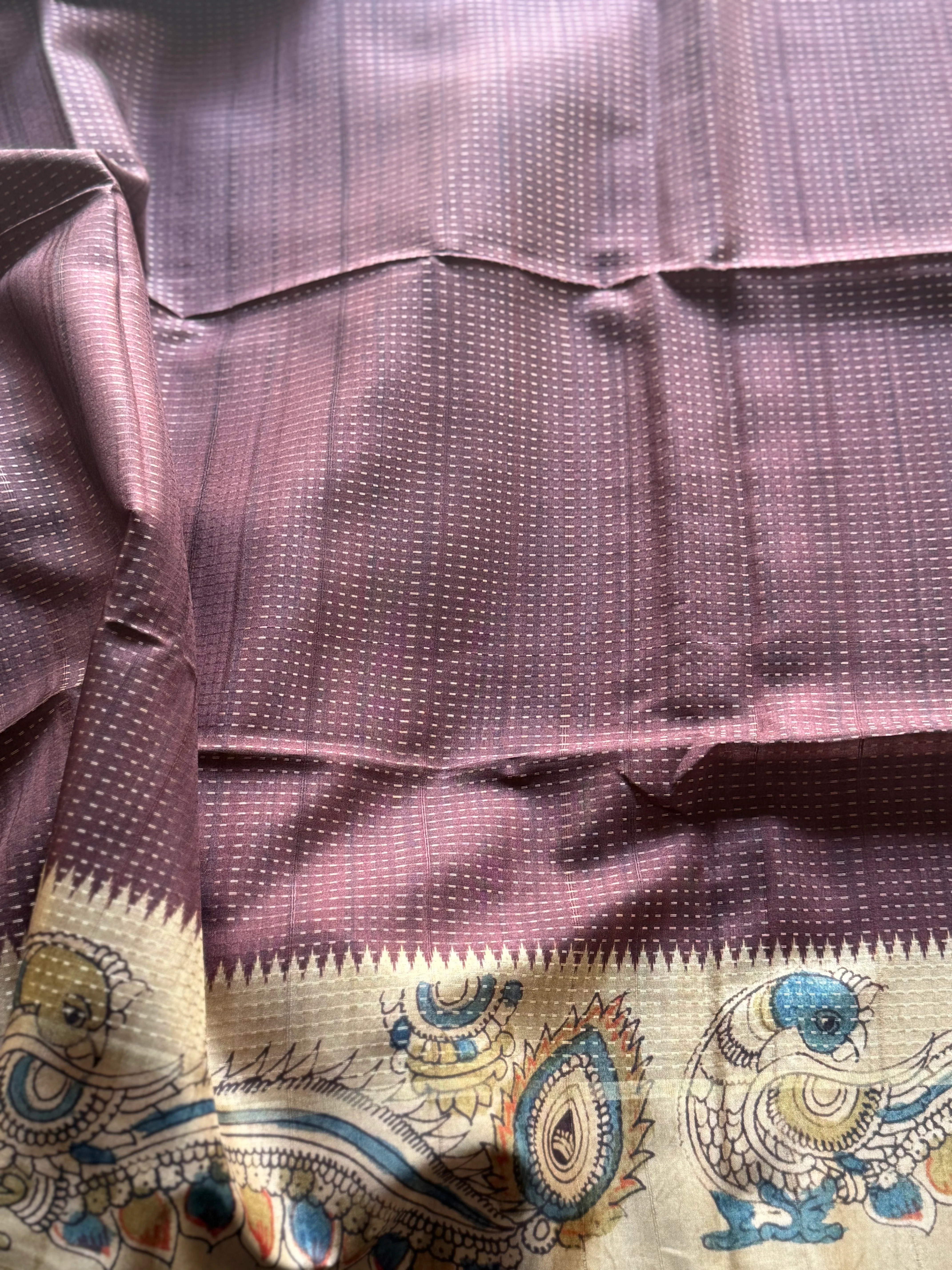 Tussar Silk Saree with Kalamkari Peacock & Ramar Pattabhishekam Pallu | Contrast Kalamkari Blouse - Image 3