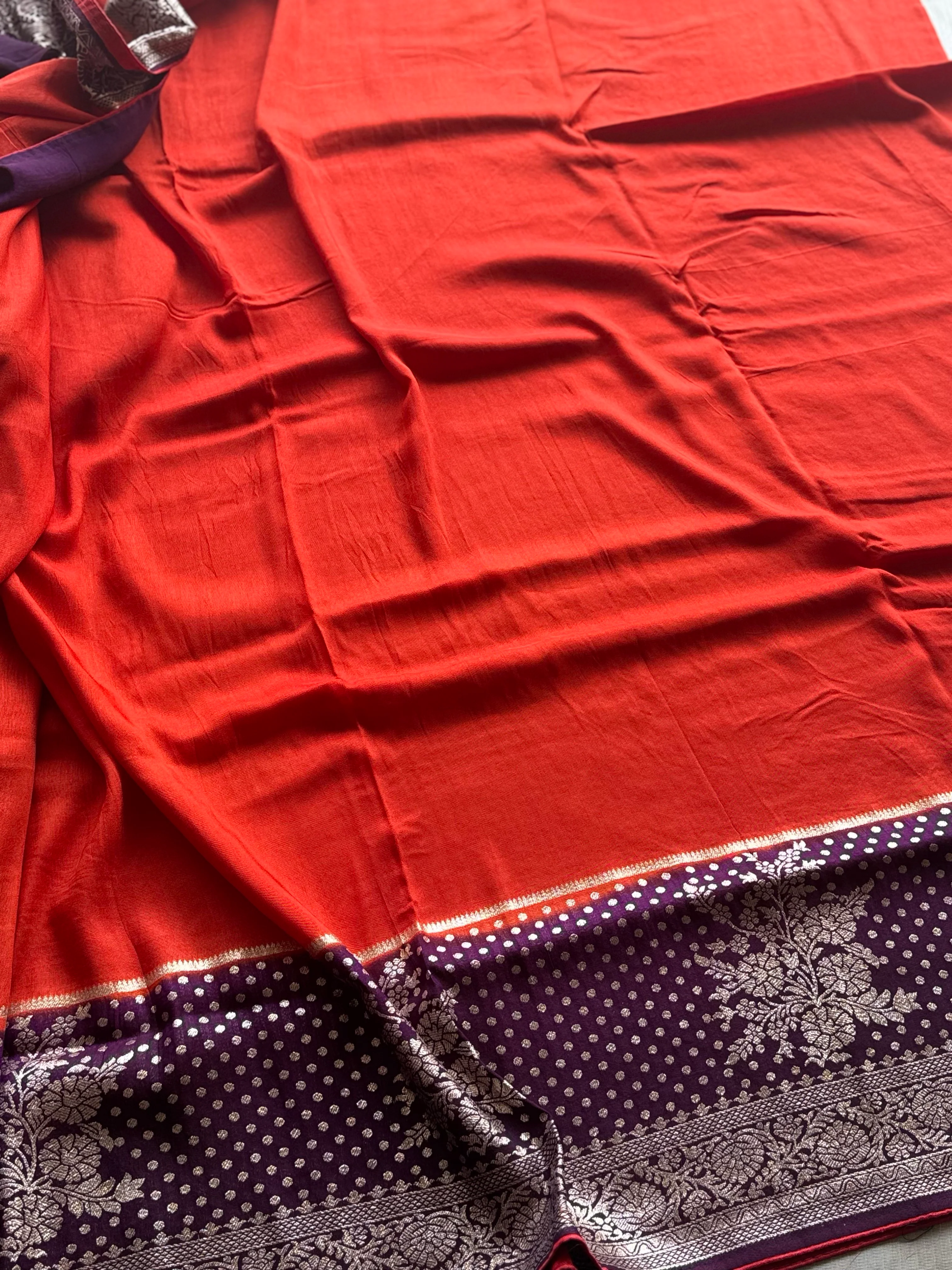 Vermilion Red & Royal Plum Banarasi Semi Tussar Saree with Rich Zari Weaving - Image 2