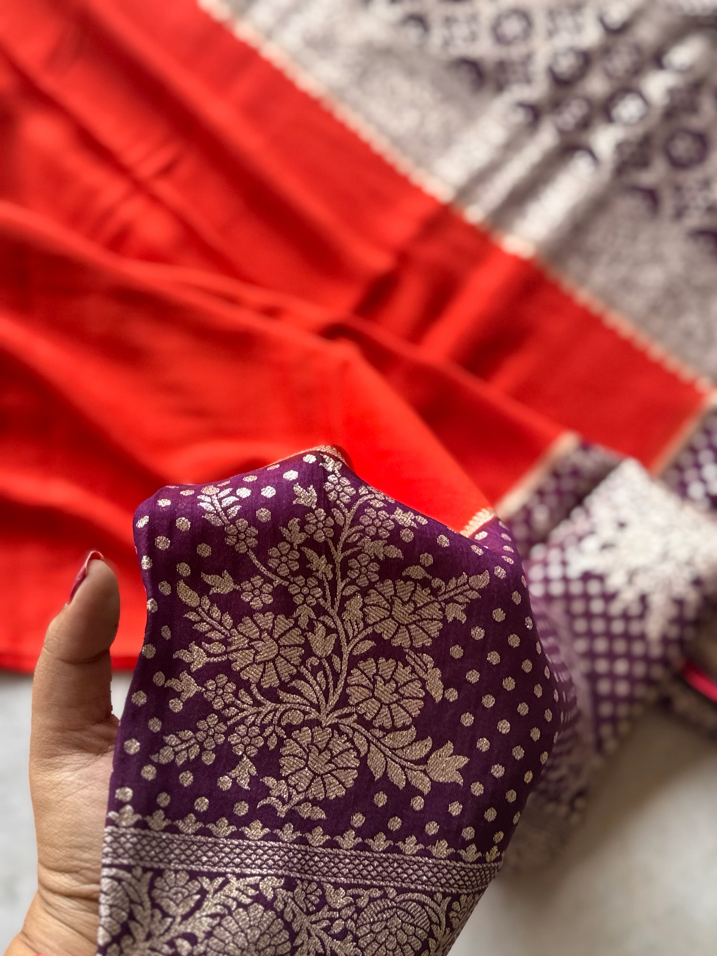 Vermilion Red & Royal Plum Banarasi Semi Tussar Saree with Rich Zari Weaving - Image 3