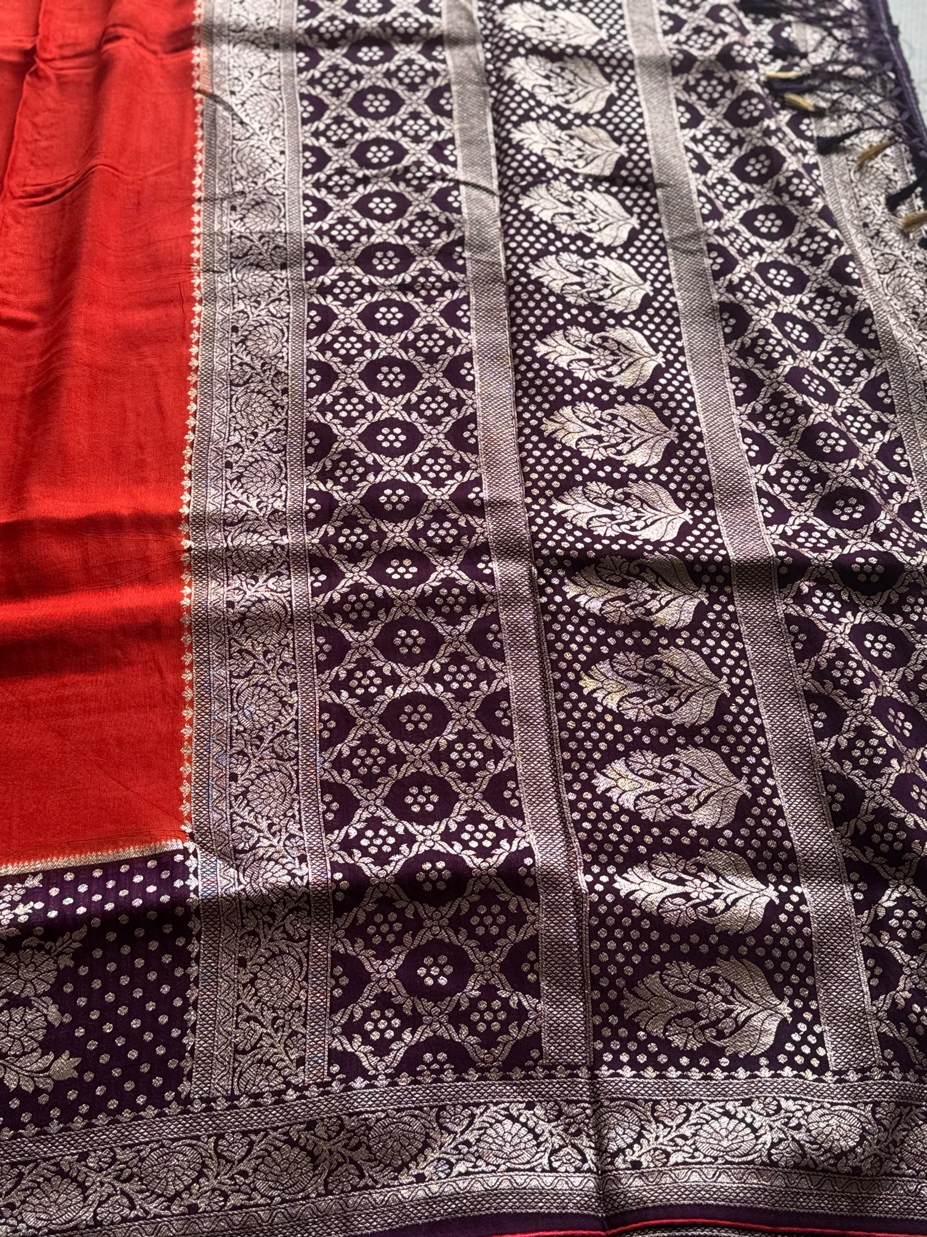 Vermilion Red & Royal Plum Banarasi Semi Tussar Saree with Rich Zari Weaving - Image 4